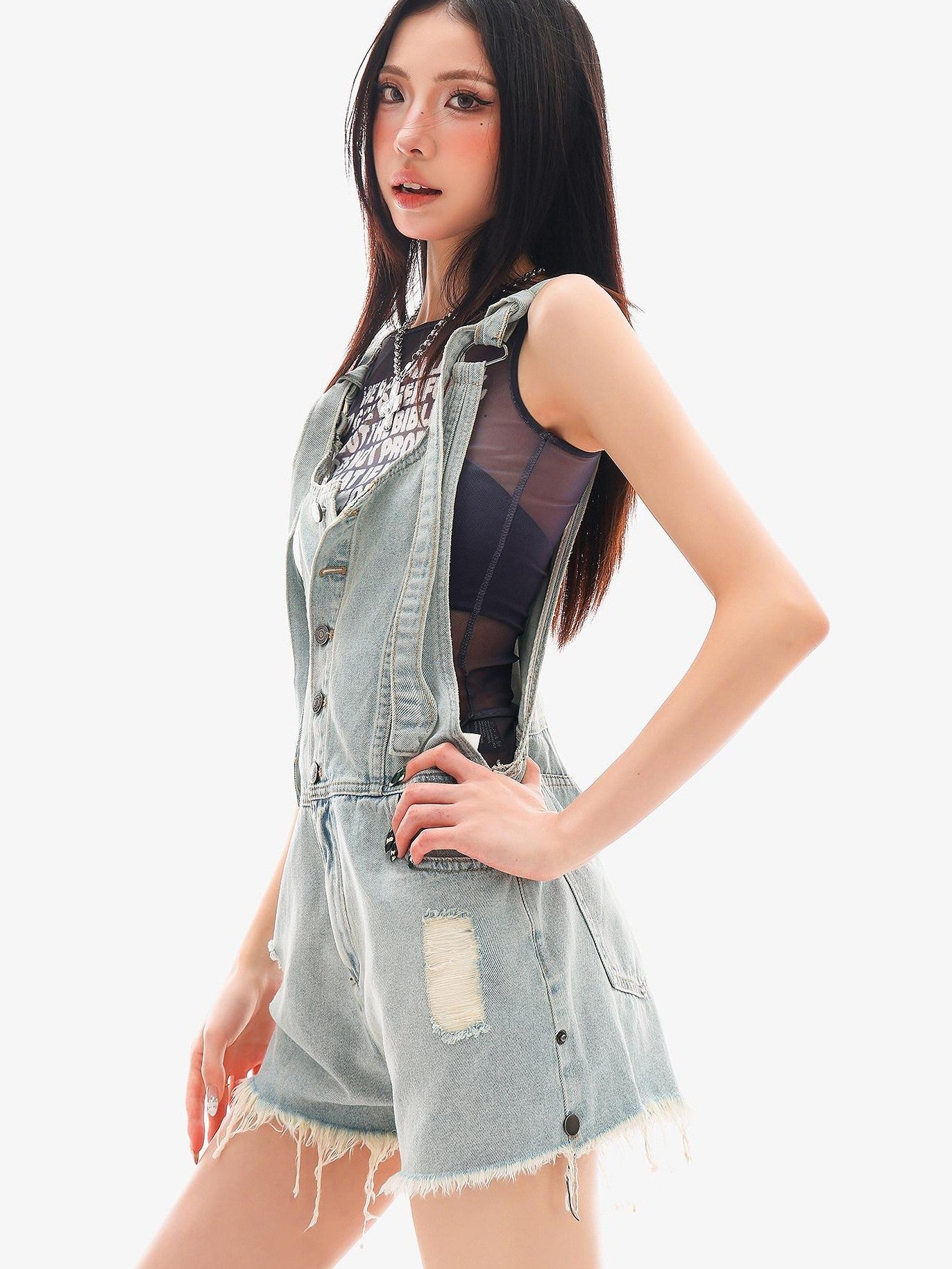 QIUQIU STUDIO Light Blue Distressed Fringe Suspender Pocket Wide Leg Women&