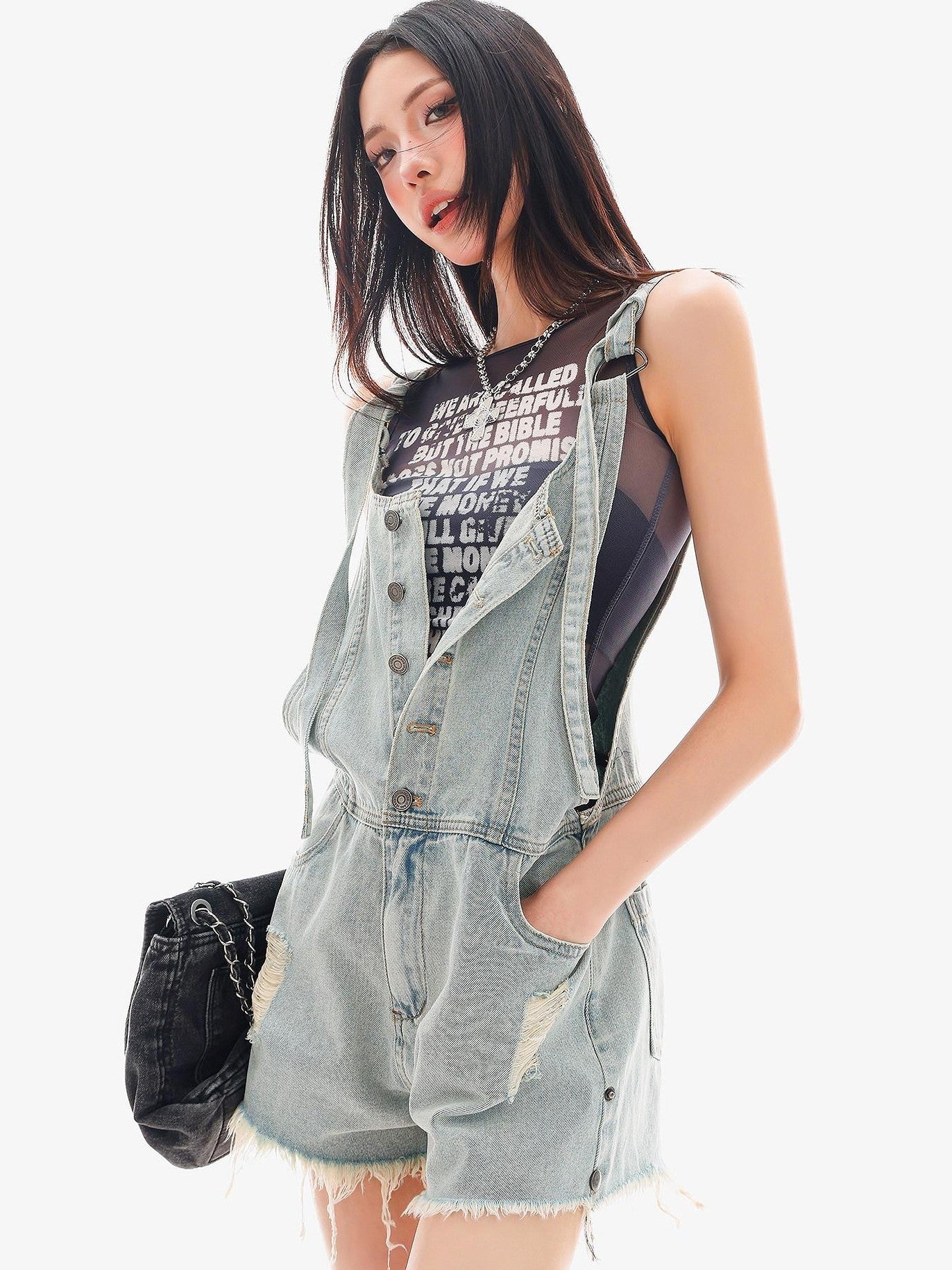 QIUQIU STUDIO Light Blue Distressed Fringe Suspender Pocket Wide Leg Women&