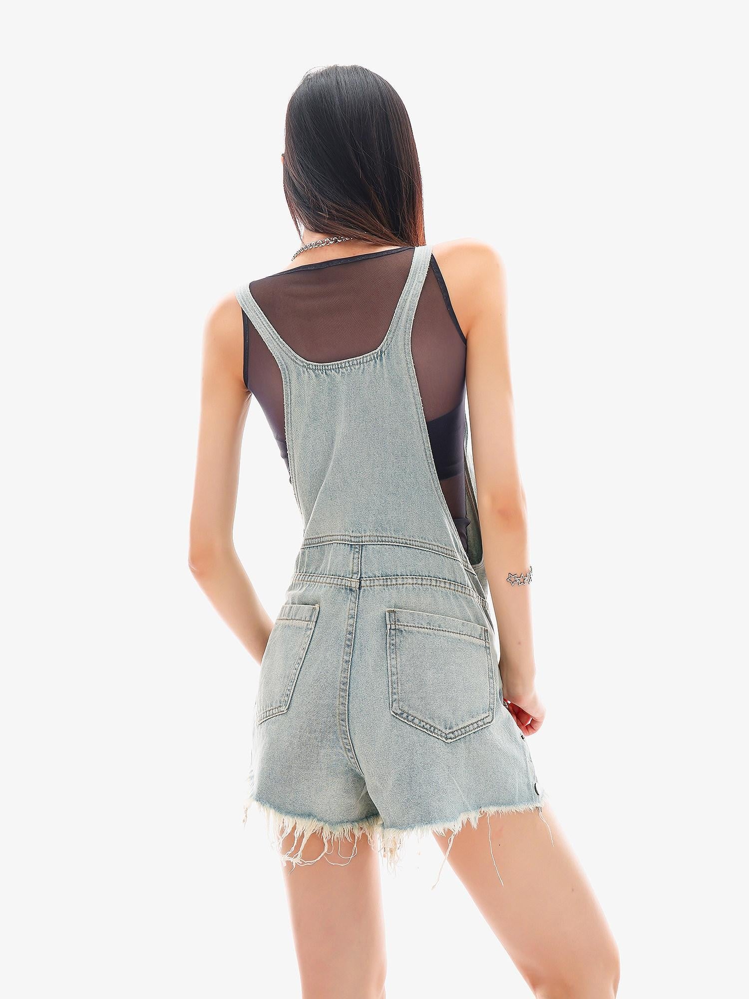 QIUQIU STUDIO Light Blue Distressed Fringe Suspender Pocket Wide Leg Women&