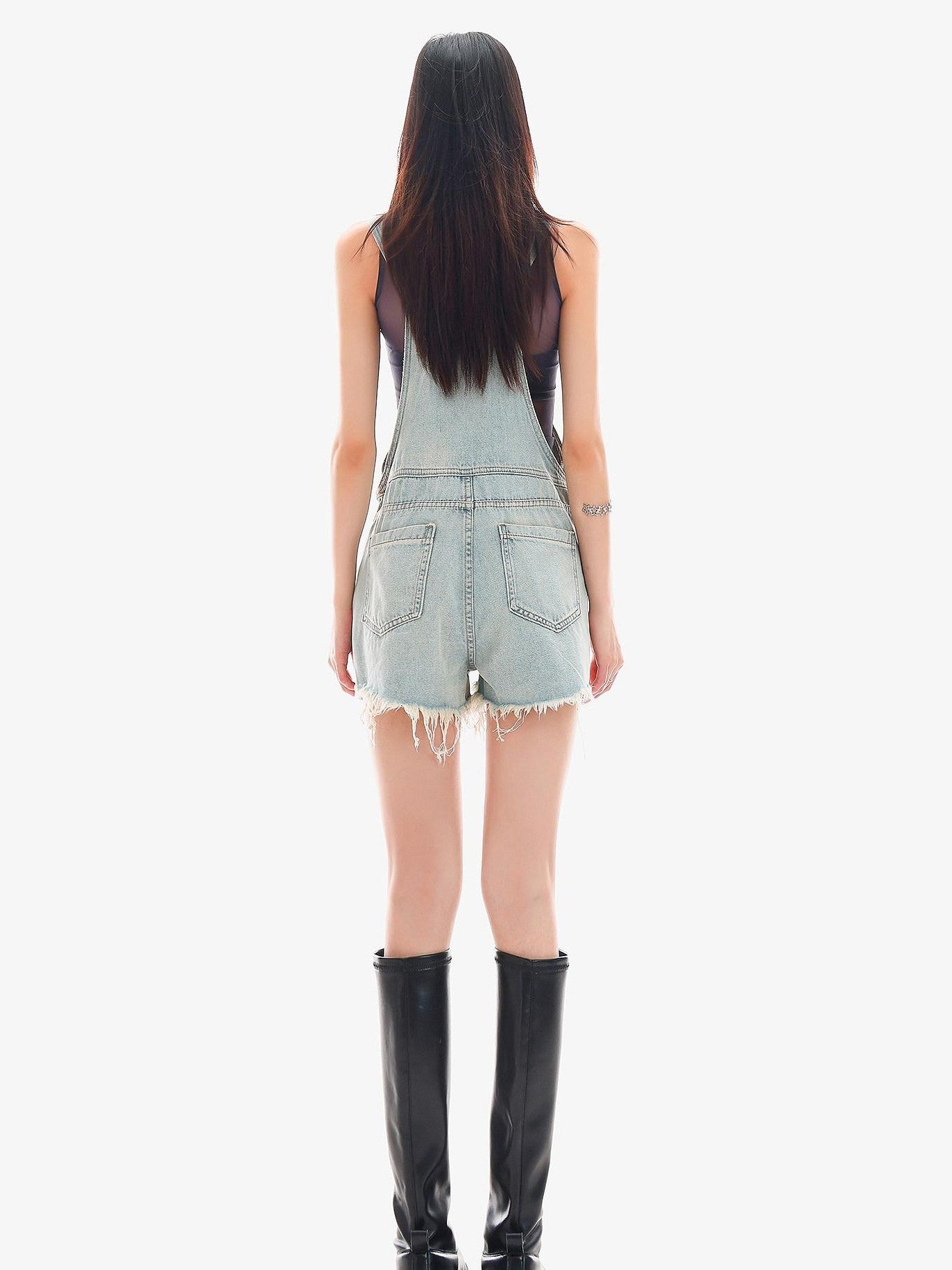 QIUQIU STUDIO Light Blue Distressed Fringe Suspender Pocket Wide Leg Women&