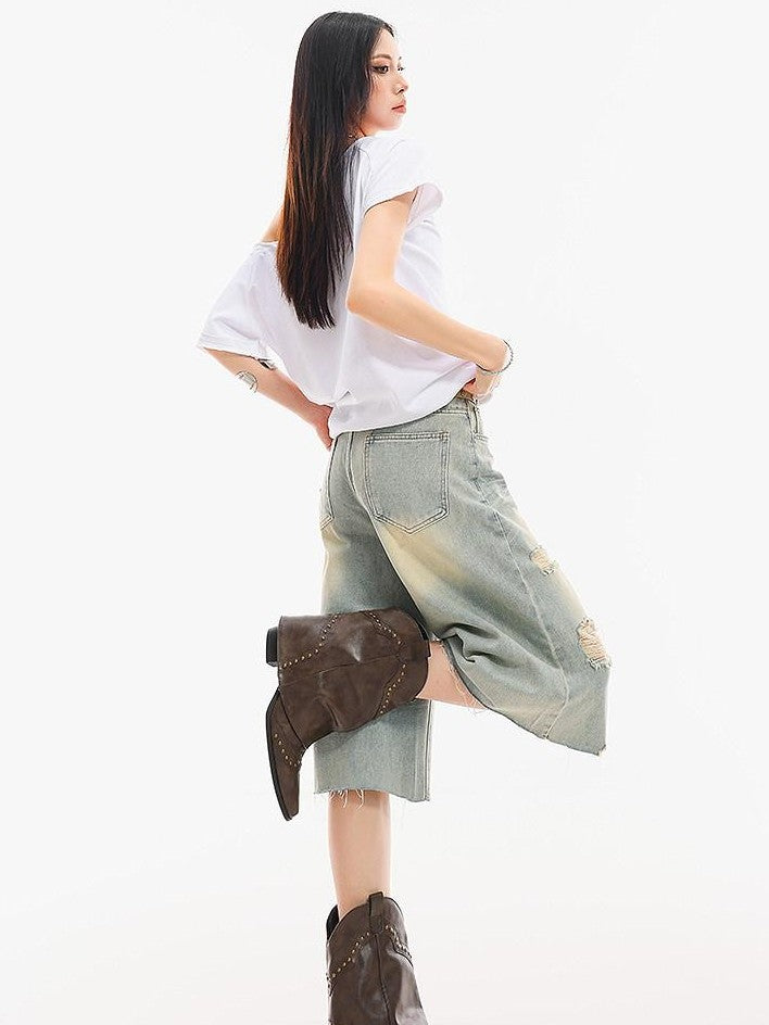 QIUQIU STUDIO Light Blue Washed Distressed Fringed Loose Wide Leg Women&