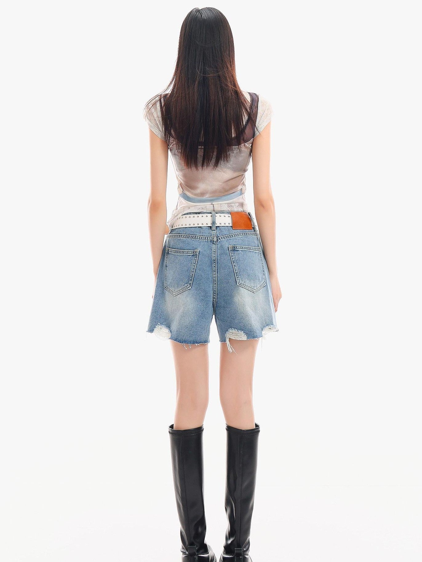 QIUQIU STUDIO Light Blue Washed Ripped Distressed Frayed Hem Women&