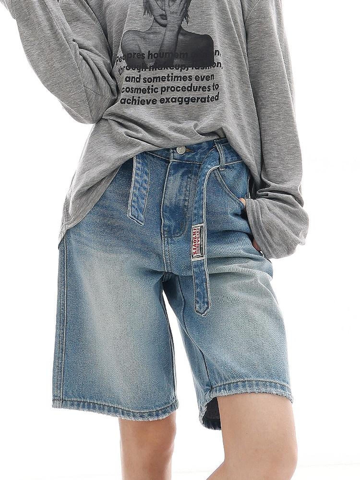 QIUQIU STUDIO Light Wash Distressed Belted Relaxed Women&