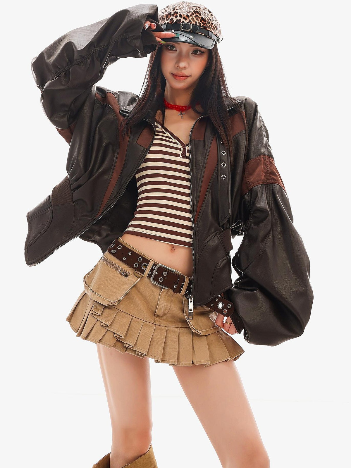 QIUQIU STUDIO Loose Color Block Stand Collar Zip Cropped Women&