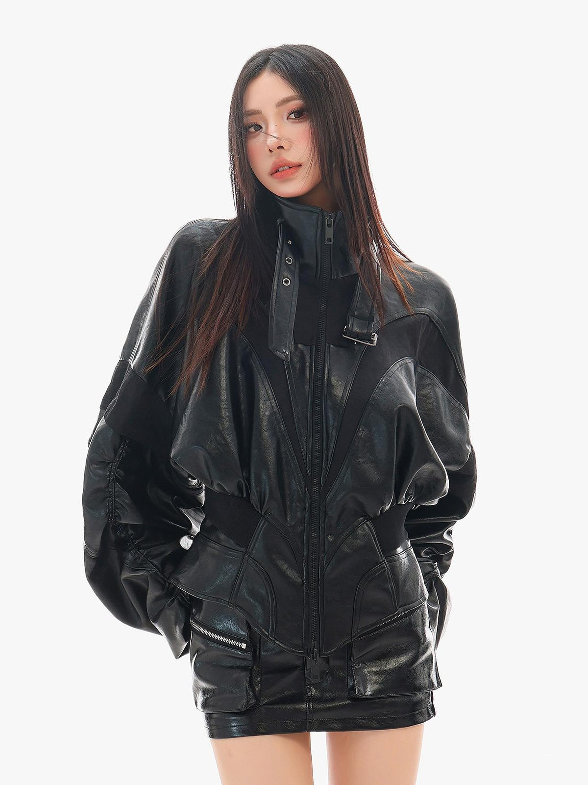 QIUQIU STUDIO Loose Color Block Stand Collar Zip Cropped Women&