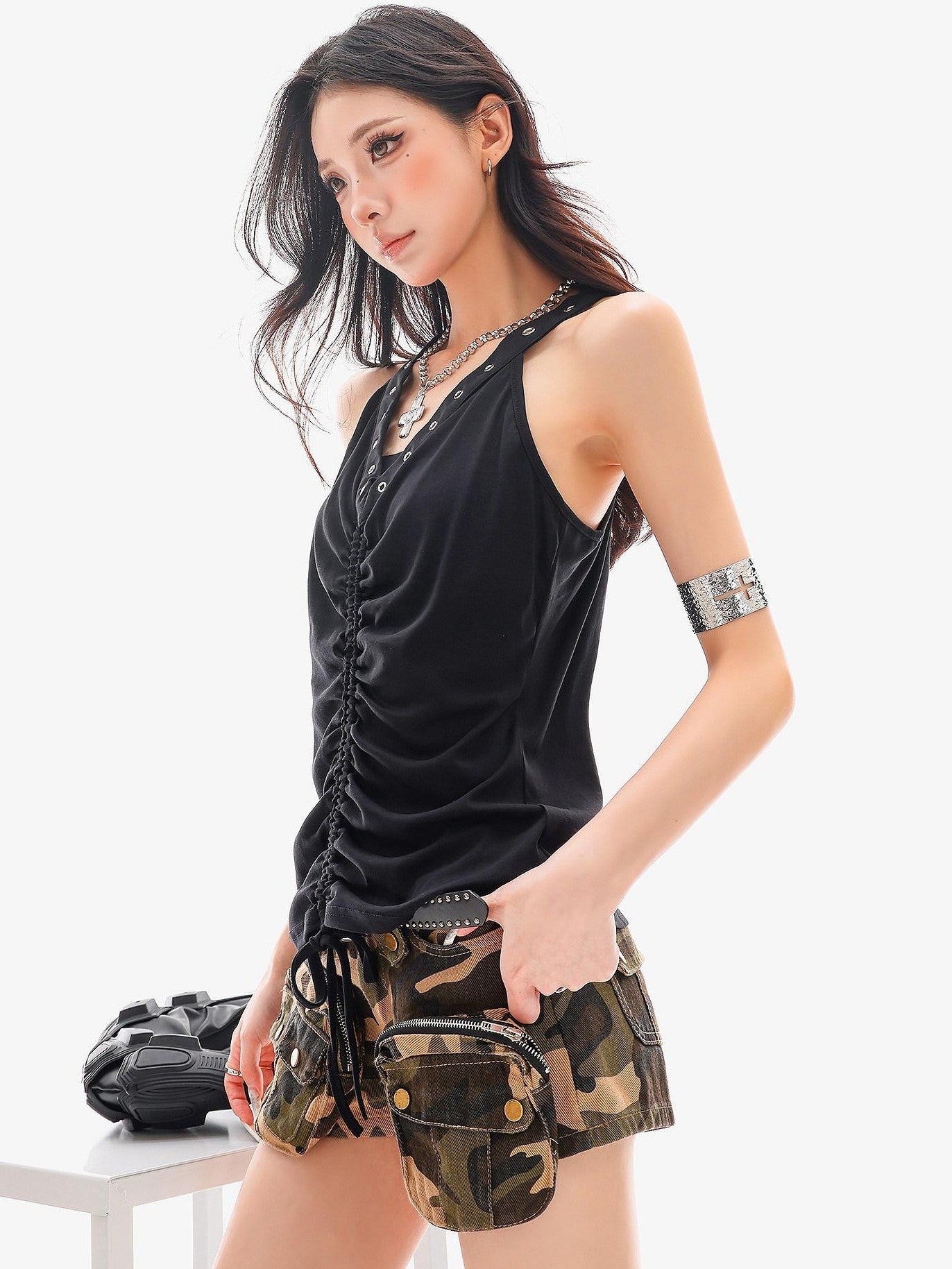 QIUQIU STUDIO Metal Trim Halter V-neck Drawstring Slim Waist Women&