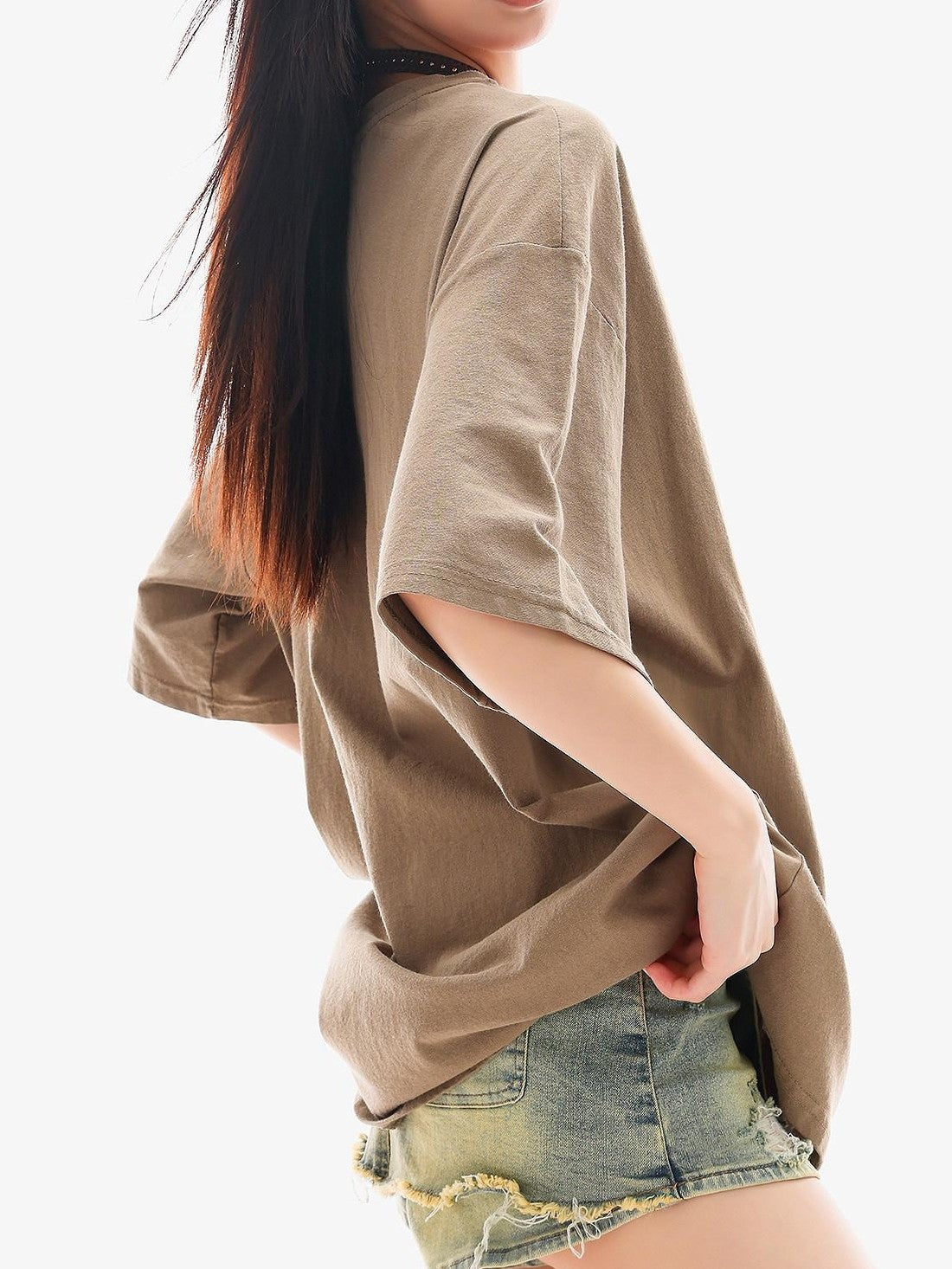 QIUQIU STUDIO Mocha Gray American Letter Print Round Neck Women&