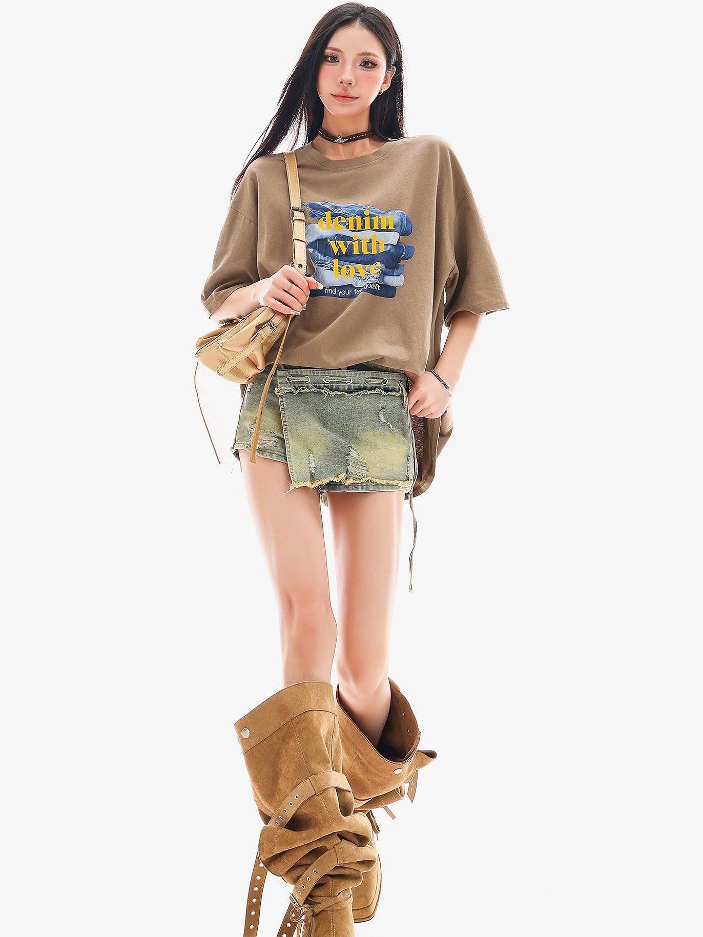 QIUQIU STUDIO Mocha Gray American Letter Print Round Neck Women&