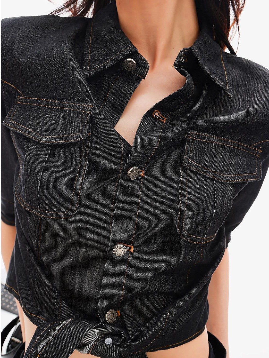 QIUQIU STUDIO Navel Baring Tie Lapel Topstitched Women&