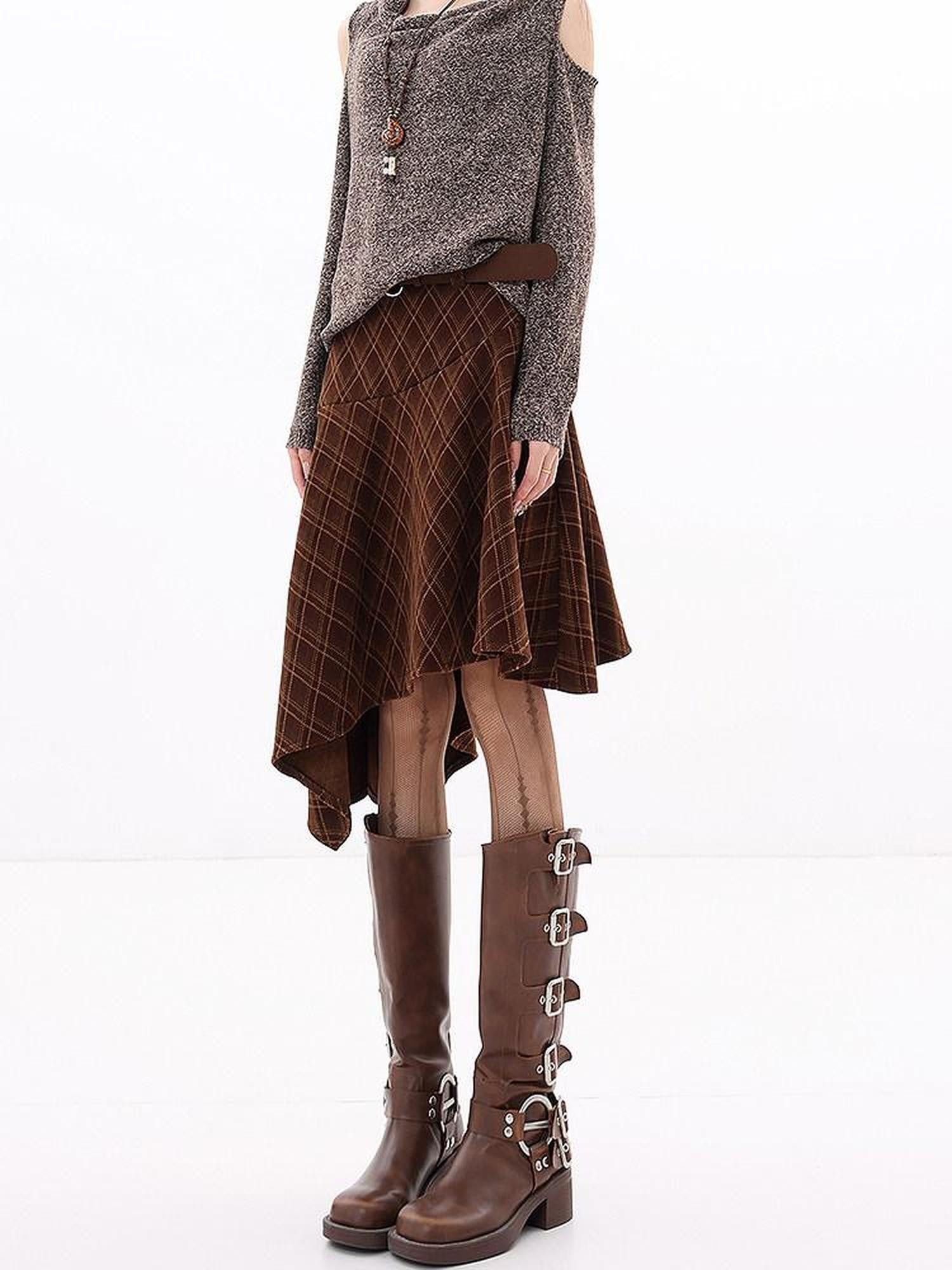 QIUQIU STUDIO Plaid Asymmetric Irregular A Line Women&