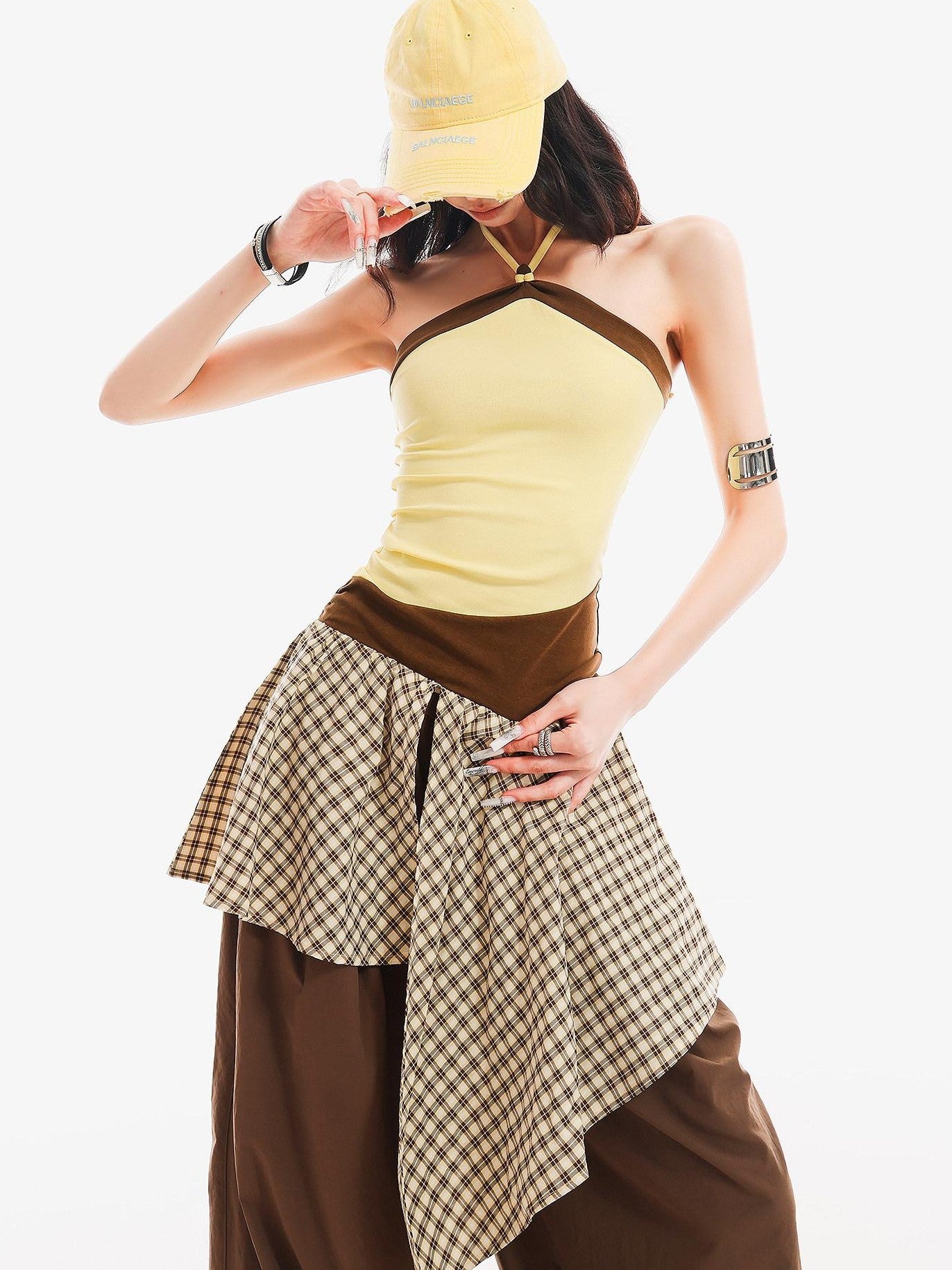 QIUQIU STUDIO Plaid Asymmetrical Patchwork Mid Rise Loose Fit Women&