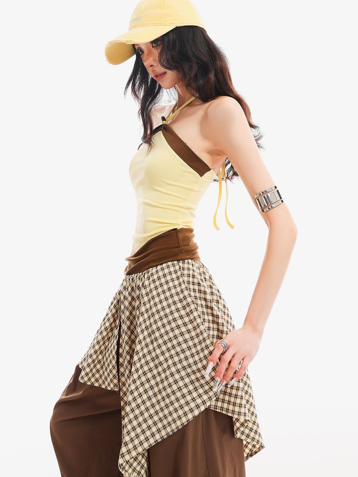 QIUQIU STUDIO Plaid Asymmetrical Patchwork Mid Rise Loose Fit Women&