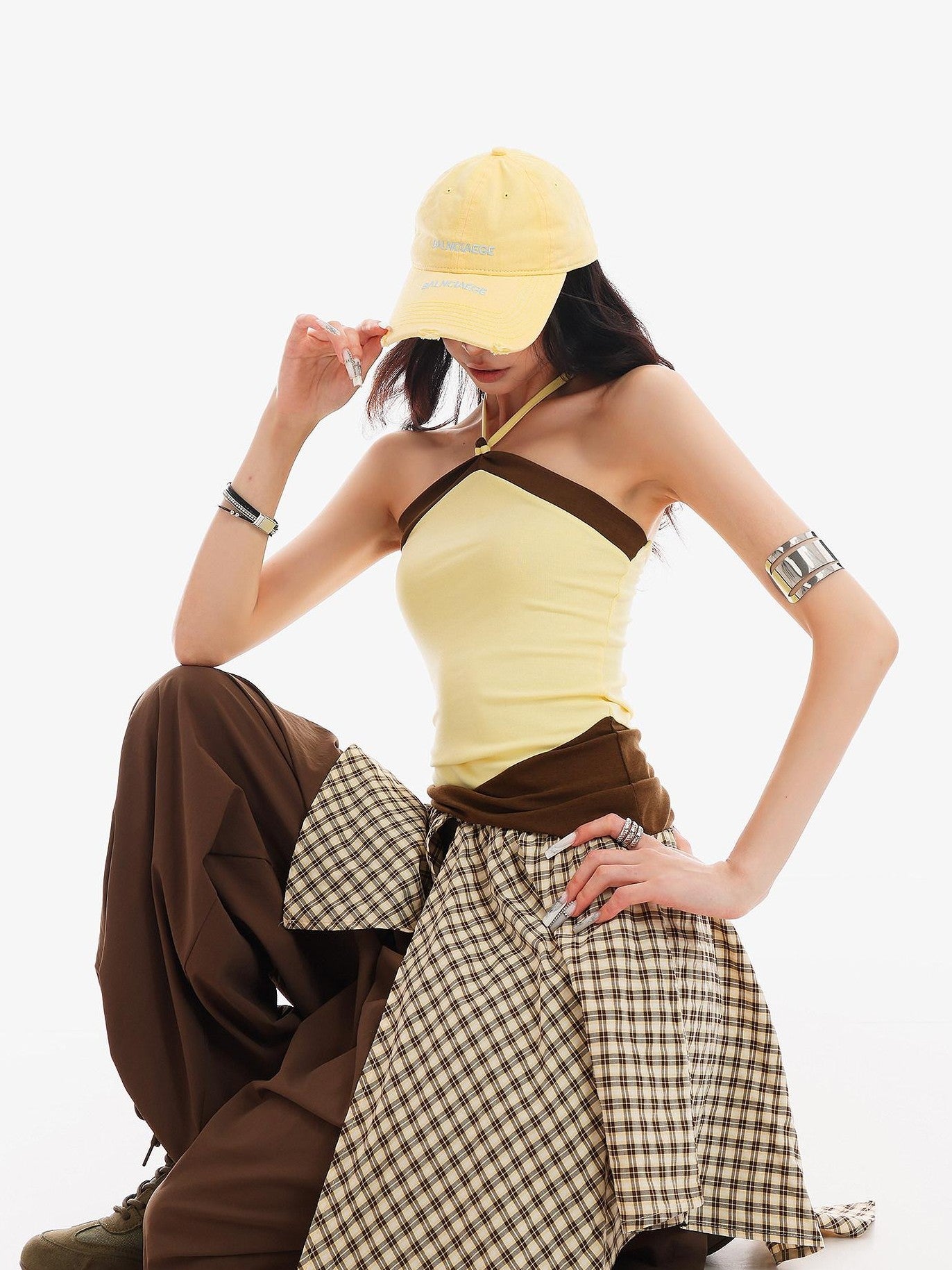QIUQIU STUDIO Plaid Asymmetrical Patchwork Mid Rise Loose Fit Women&