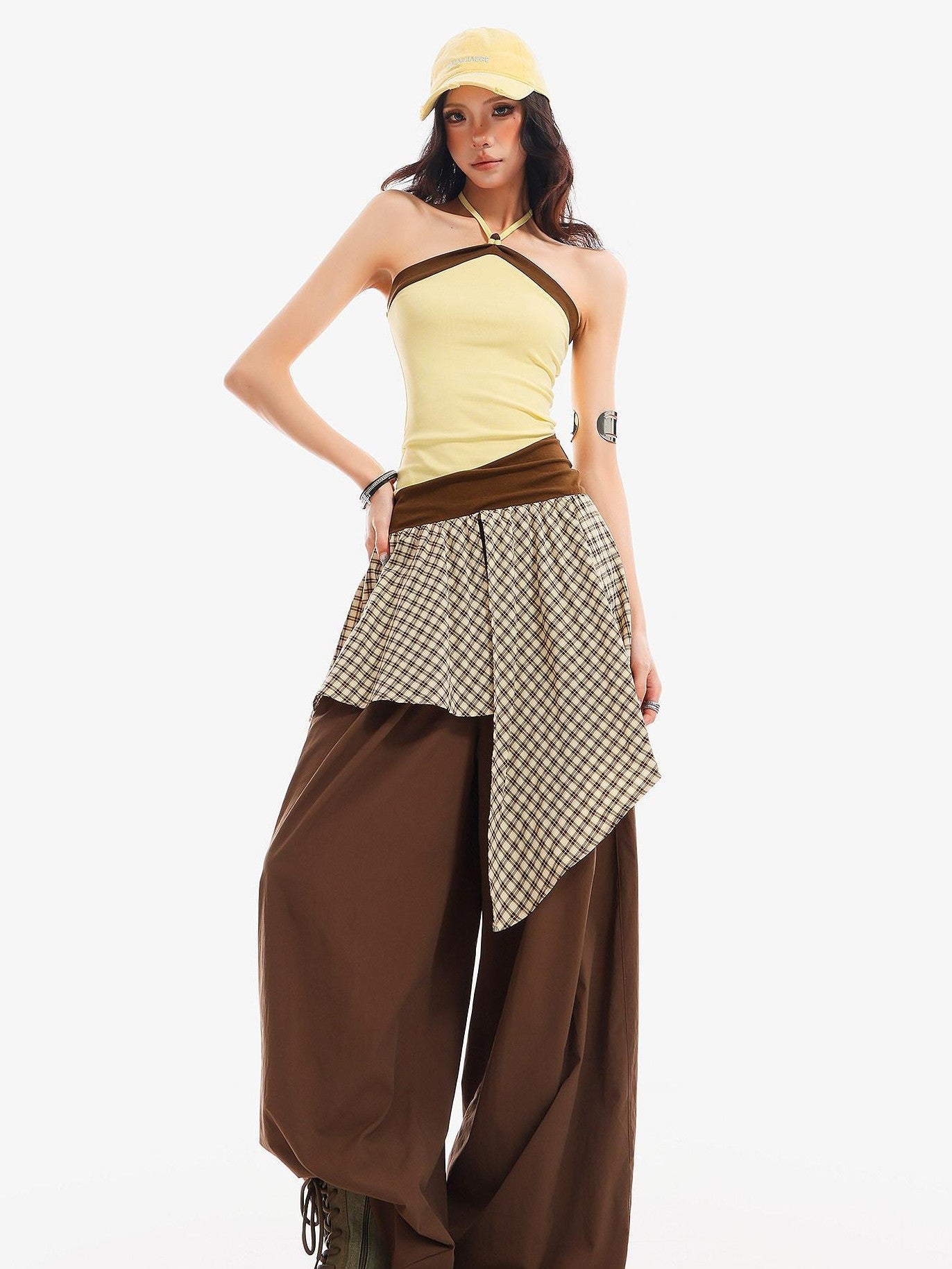 QIUQIU STUDIO Plaid Asymmetrical Patchwork Mid Rise Loose Fit Women&