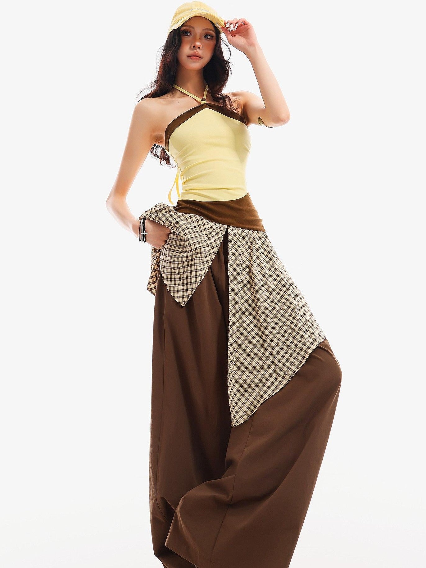 QIUQIU STUDIO Plaid Asymmetrical Patchwork Mid Rise Loose Fit Women&