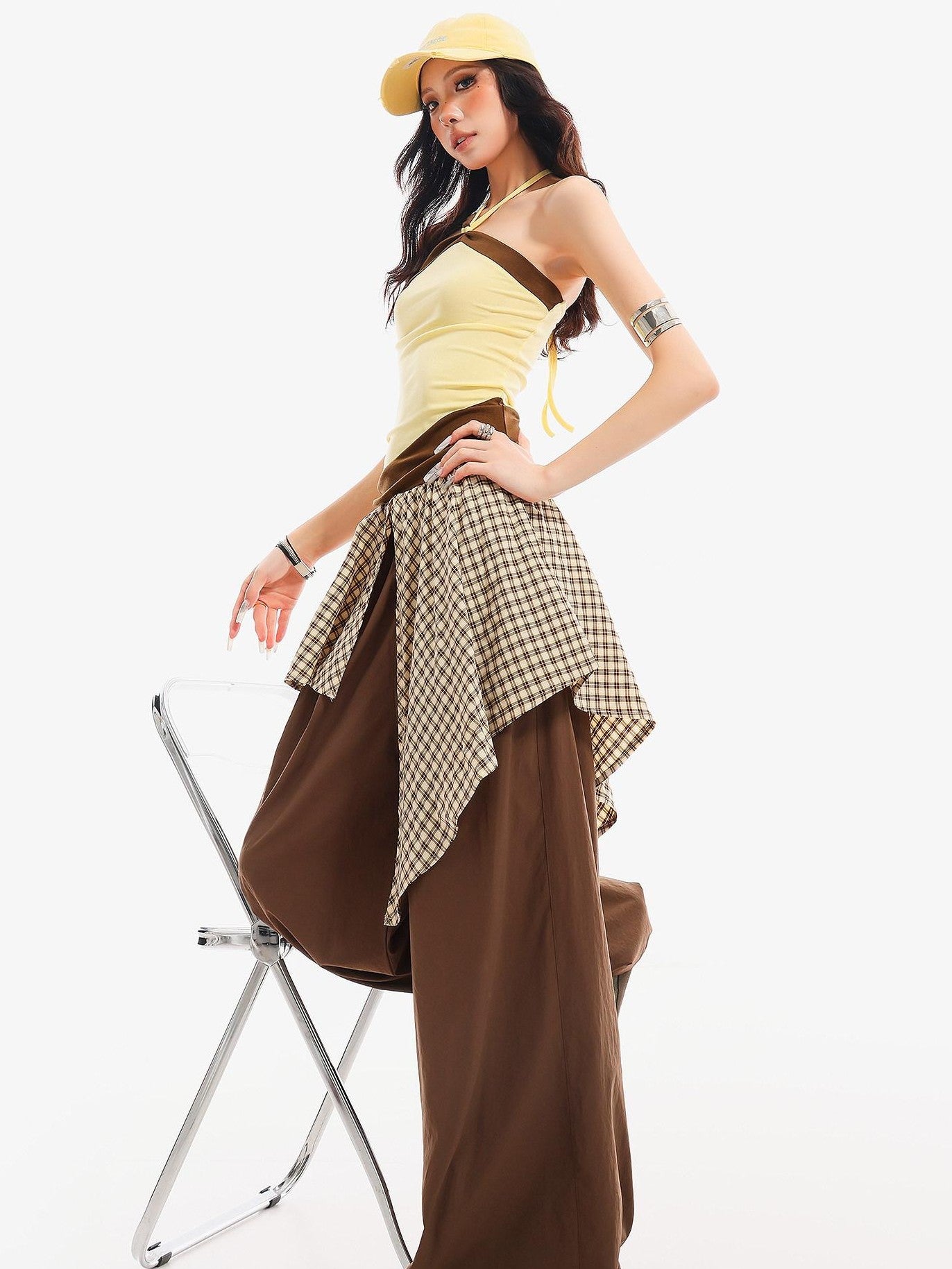QIUQIU STUDIO Plaid Asymmetrical Patchwork Mid Rise Loose Fit Women&