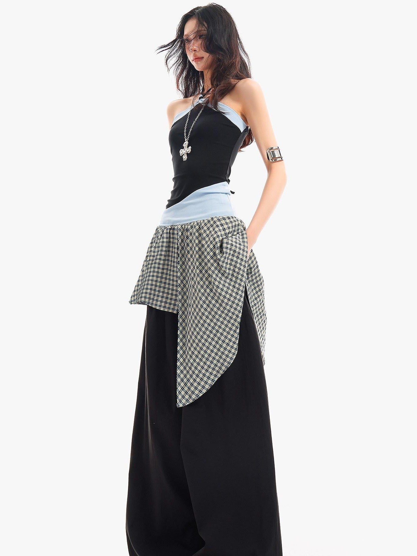 QIUQIU STUDIO Plaid Asymmetrical Patchwork Mid Rise Loose Fit Women&