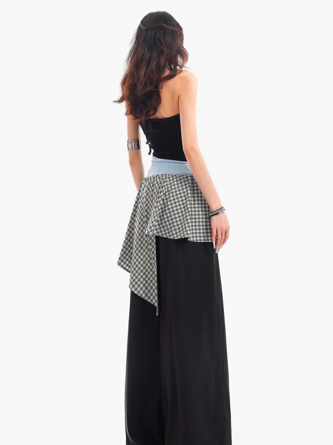 QIUQIU STUDIO Plaid Asymmetrical Patchwork Mid Rise Loose Fit Women&