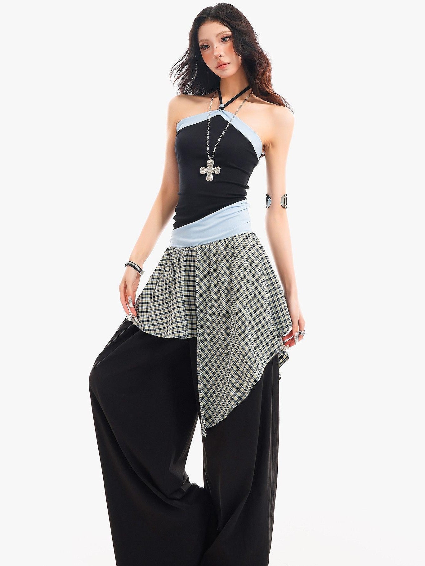 QIUQIU STUDIO Plaid Asymmetrical Patchwork Mid Rise Loose Fit Women&