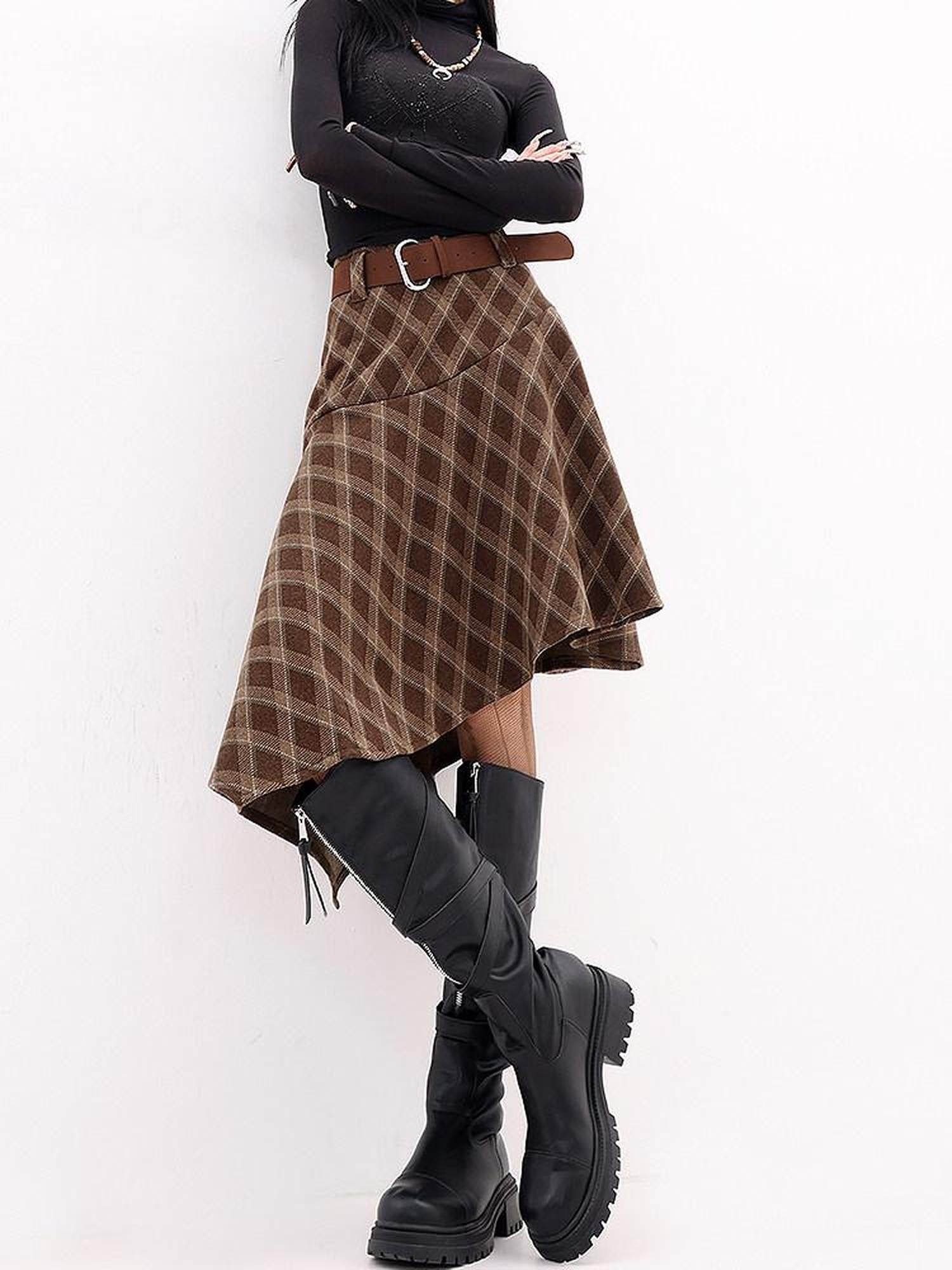 QIUQIU STUDIO Plaid Brushed Irregular Hem Belted Women&