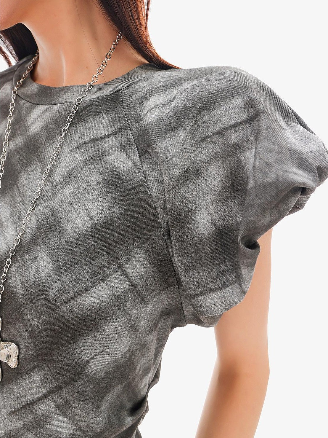 QIUQIU STUDIO Plaid Irregular Hem Ruched Puff Sleeve Crew Neck Women&