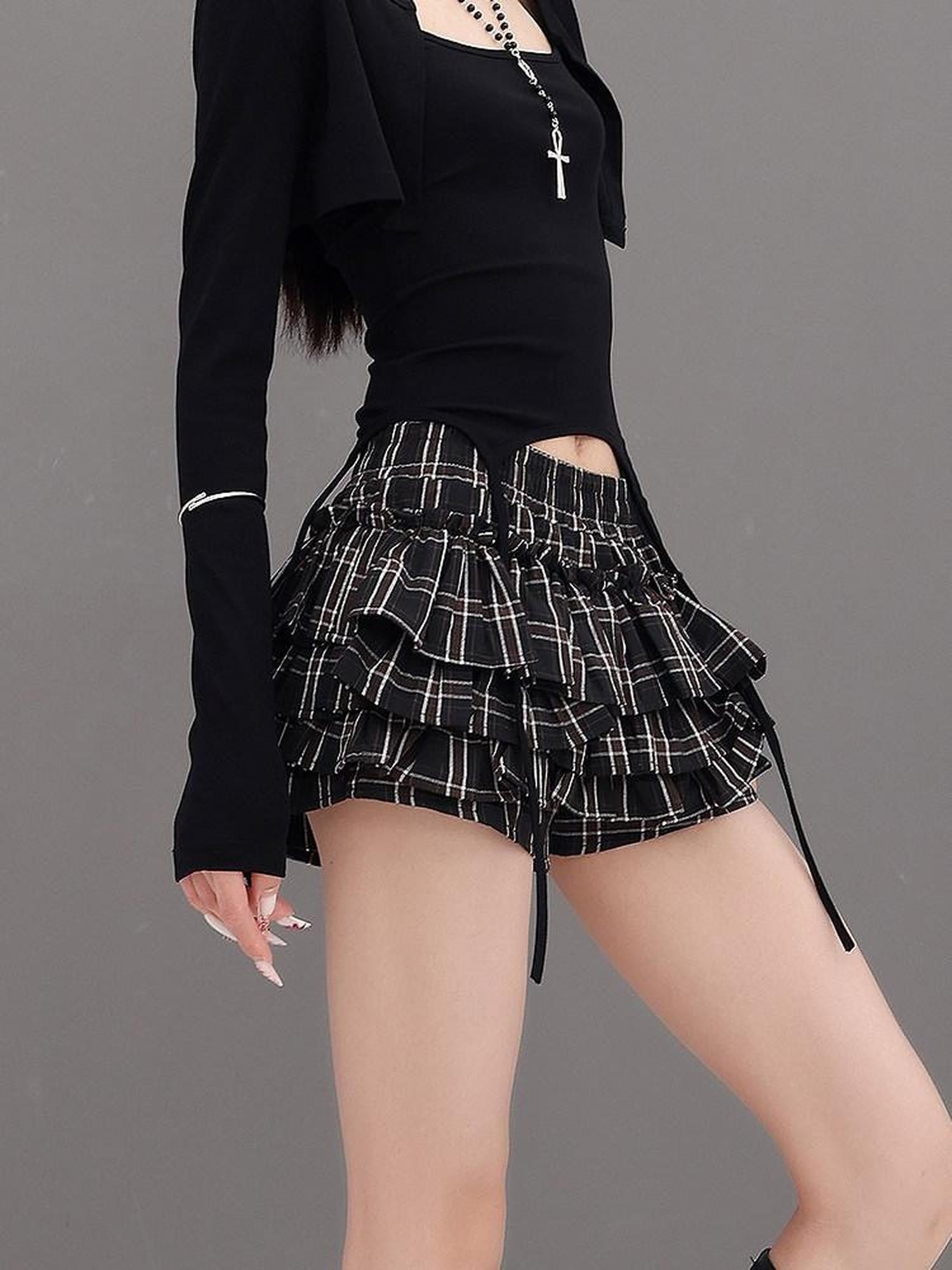 QIUQIU STUDIO Plaid Ribbon Tie Elastic Waist Skort Women&