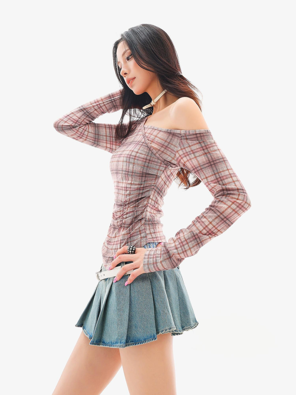 QIUQIU STUDIO Plaid Ruched One Shoulder Slim Fit Women&