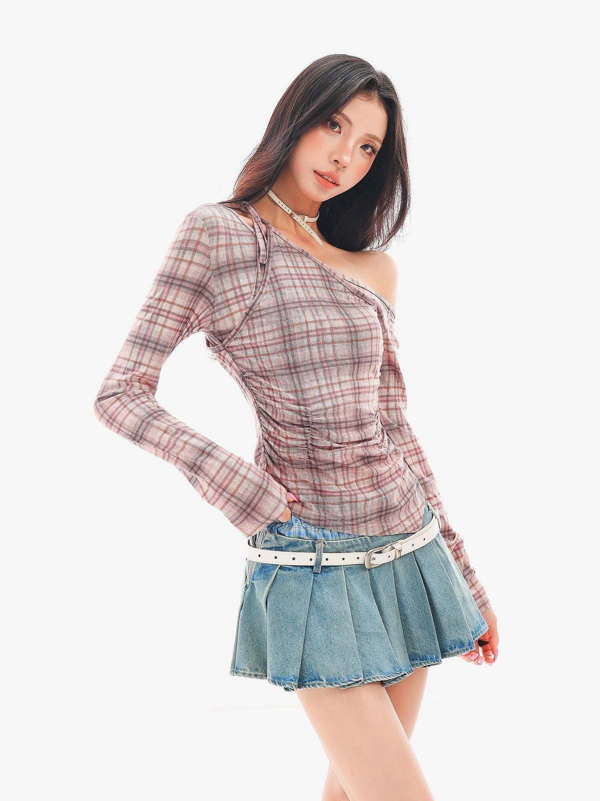 QIUQIU STUDIO Plaid Ruched One Shoulder Slim Fit Women&