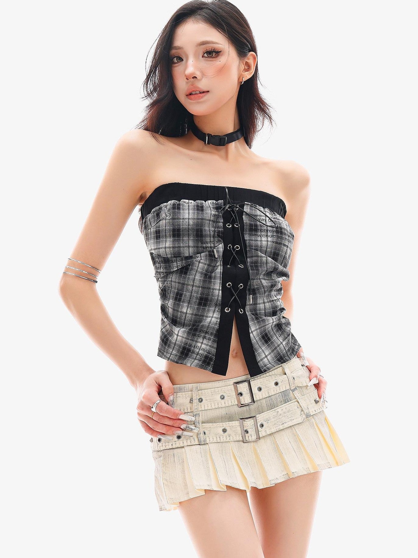QIUQIU STUDIO Plaid Tie Front Asymmetric Slim Fitted Cropped Women&