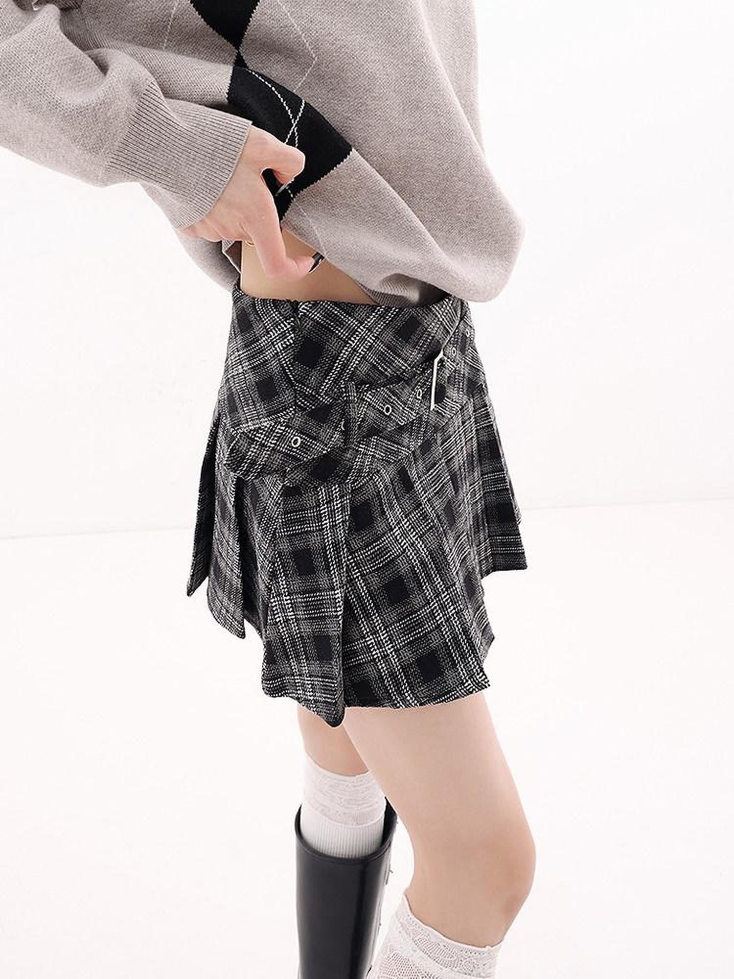 QIUQIU STUDIO Plaid Tweed Pleated A Line Women&