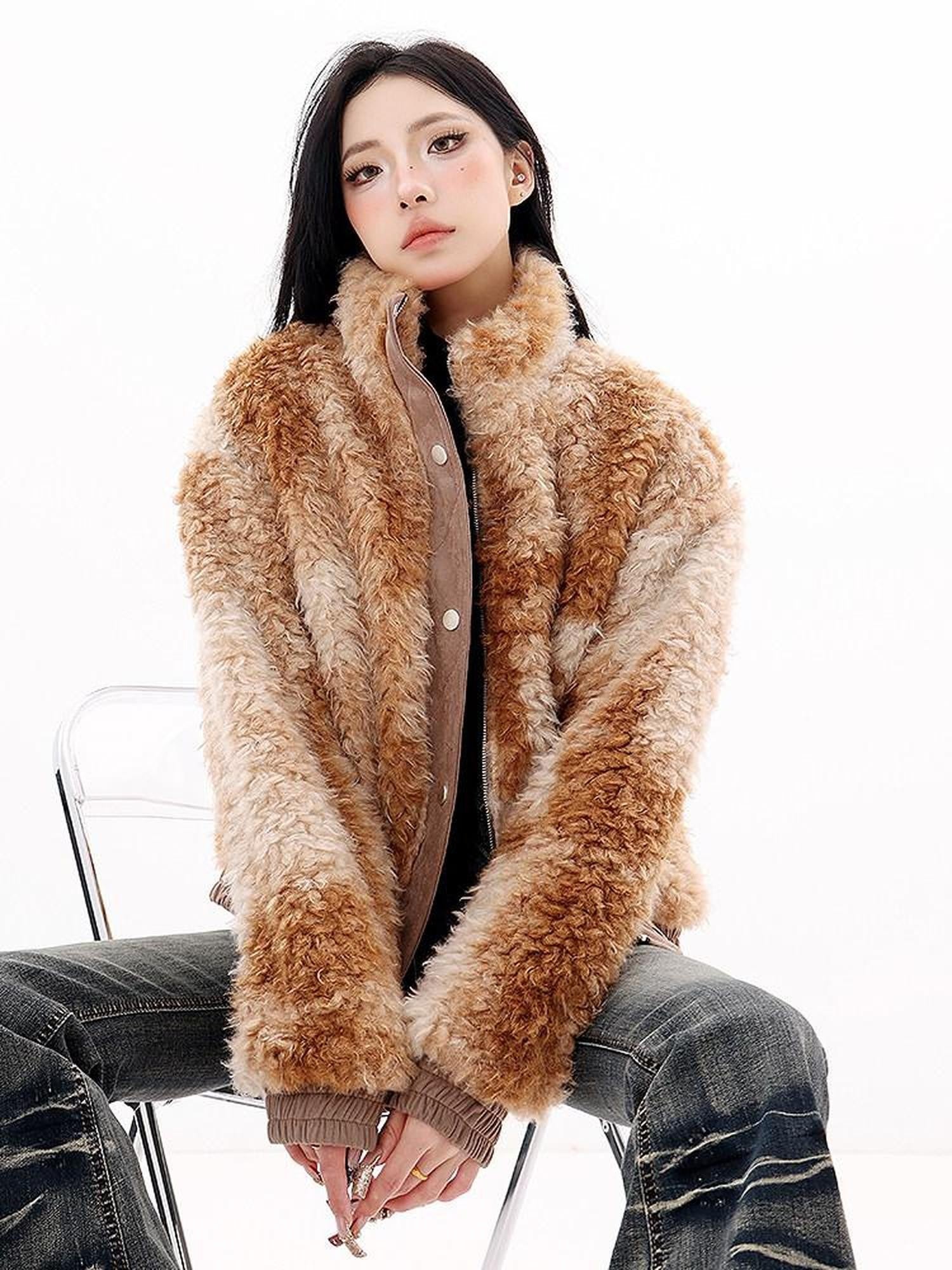 QIUQIU STUDIO Plush Floral Stand Collar Loose Fit Women&