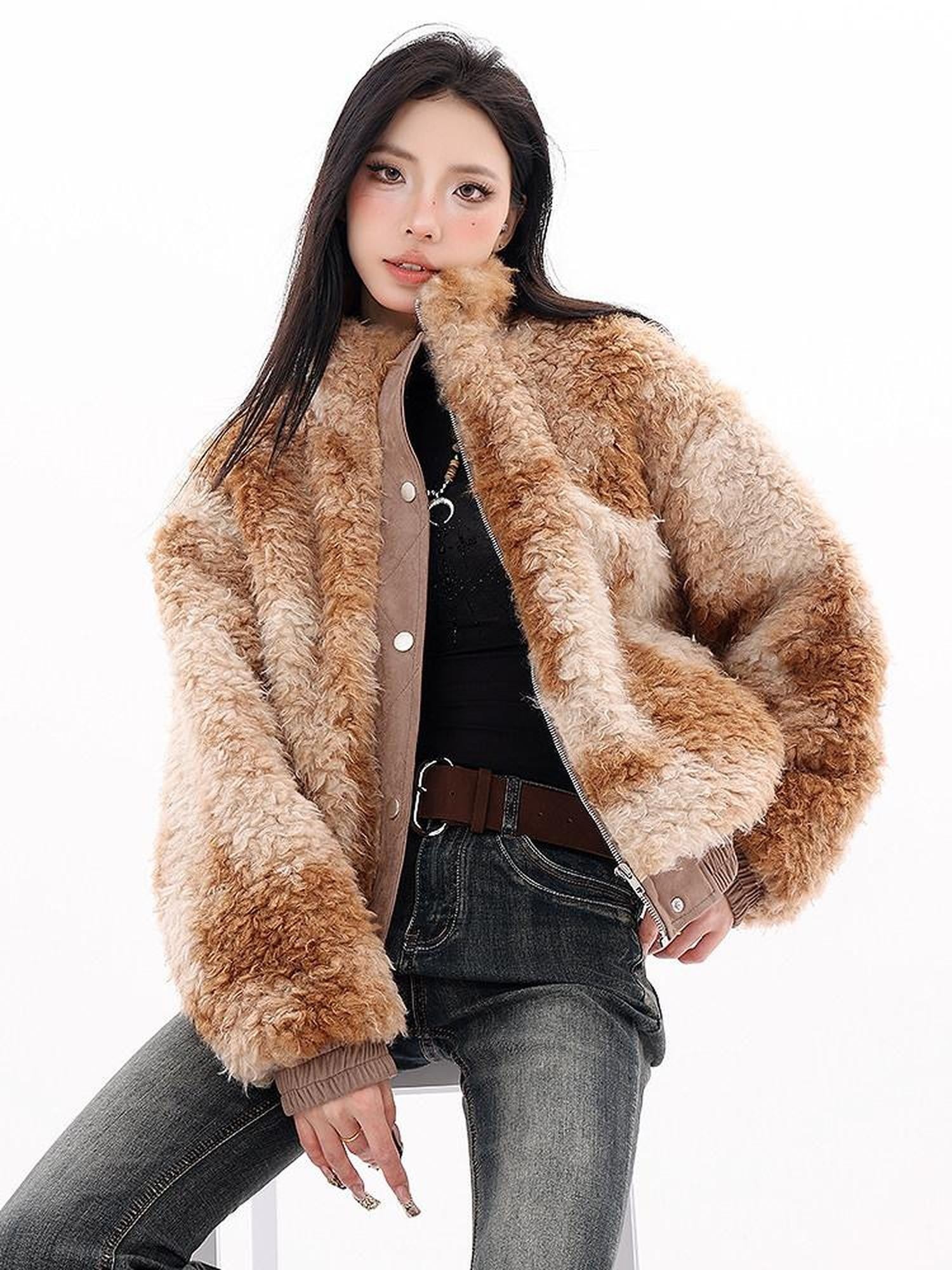QIUQIU STUDIO Plush Floral Stand Collar Loose Fit Women&