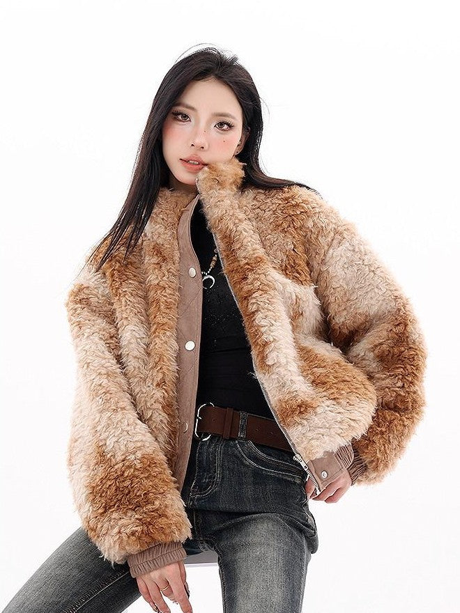 QIUQIU STUDIO Plush Floral Stand Collar Loose Fit Women&