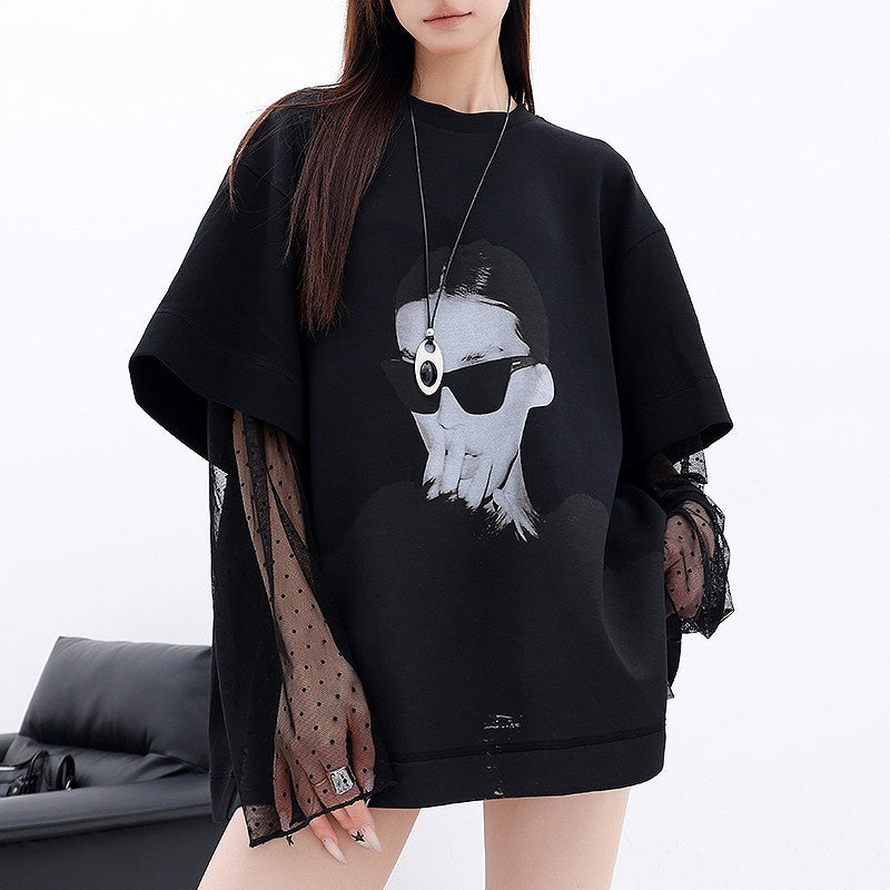 QIUQIU_STUDIO_Portrait_Print_Lace_Splice_Round_Neck_Long_Sleeve_Women&