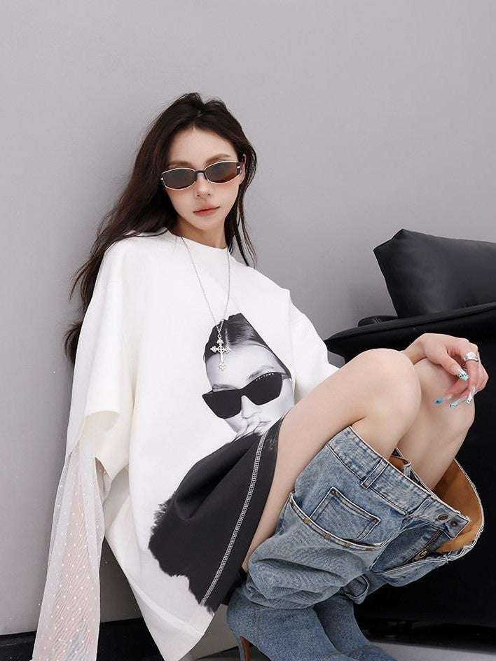 QIUQIU STUDIO Portrait Print Lace Splice Round Neck Long Sleeve Women&