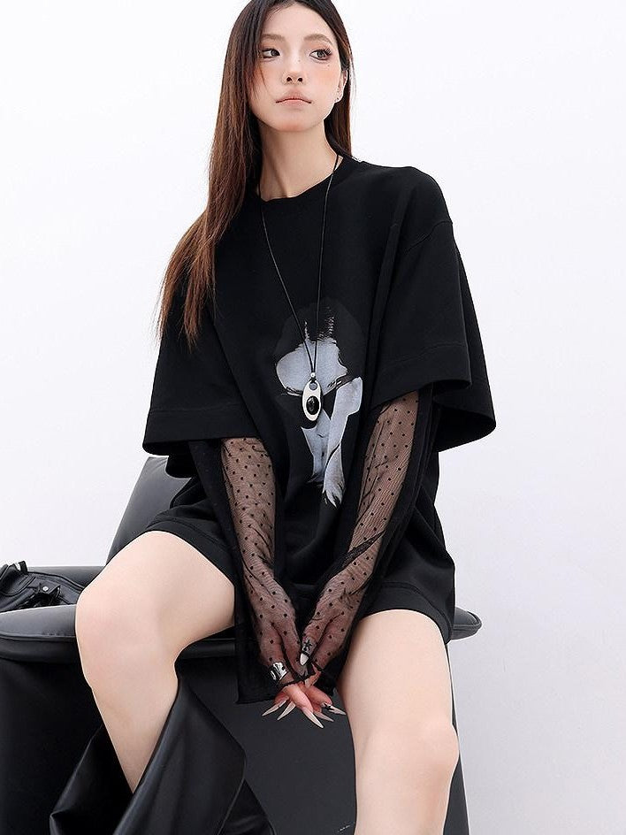 QIUQIU STUDIO Portrait Print Lace Splice Round Neck Long Sleeve Women&