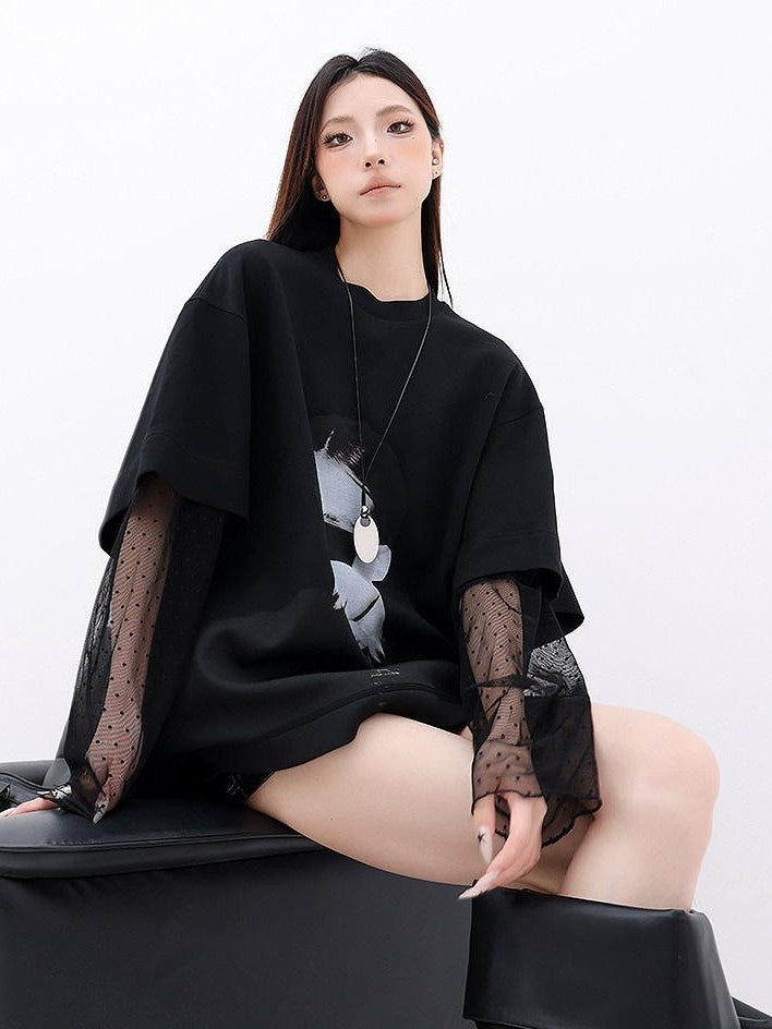 QIUQIU STUDIO Portrait Print Lace Splice Round Neck Long Sleeve Women&
