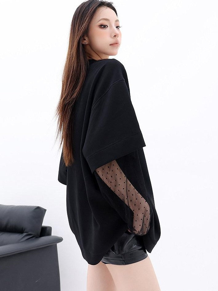 QIUQIU STUDIO Portrait Print Lace Splice Round Neck Long Sleeve Women&