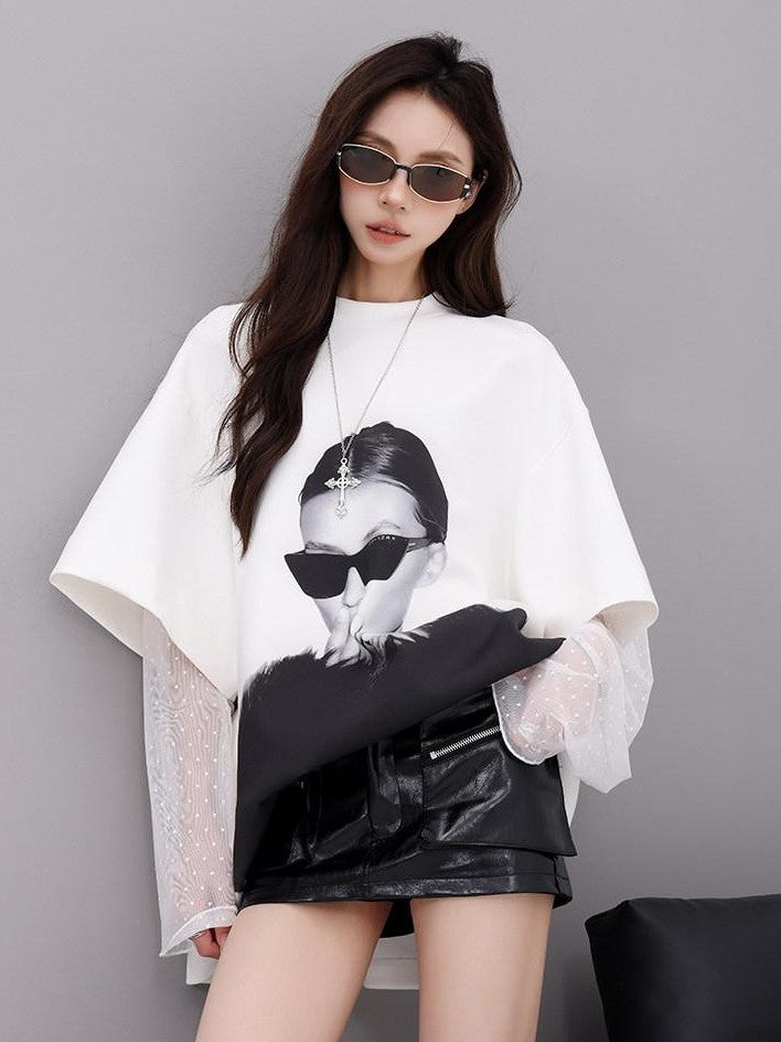 QIUQIU STUDIO Portrait Print Lace Splice Round Neck Long Sleeve Women&
