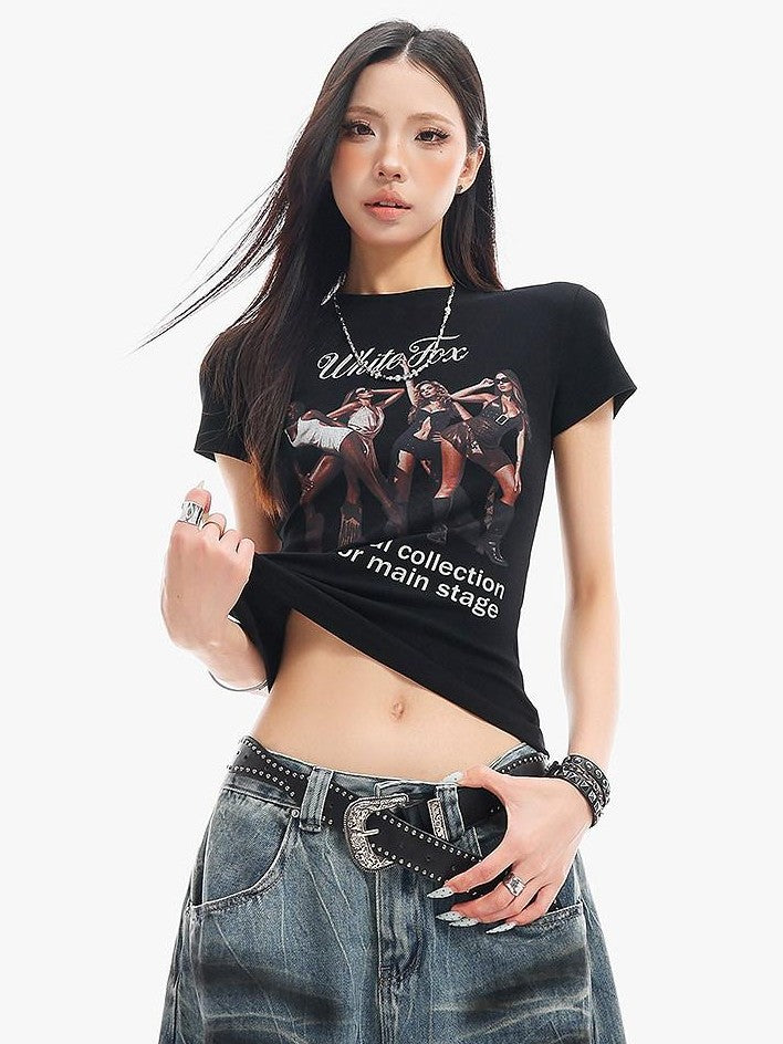 QIUQIU STUDIO Portrait Print Short Sleeve Cinched Waist Round Neck Women&
