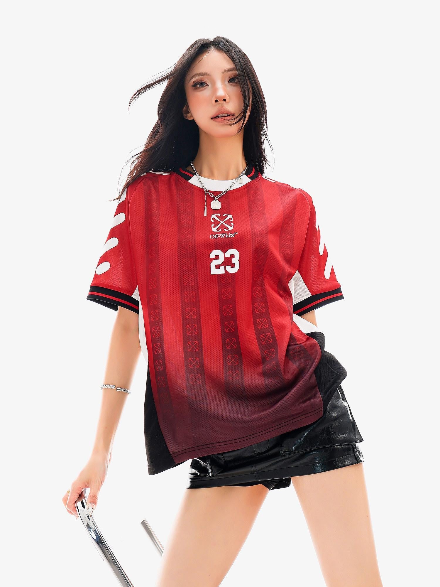 QIUQIU STUDIO Red Blue Colorblock Soccer Number Print Loose Women&