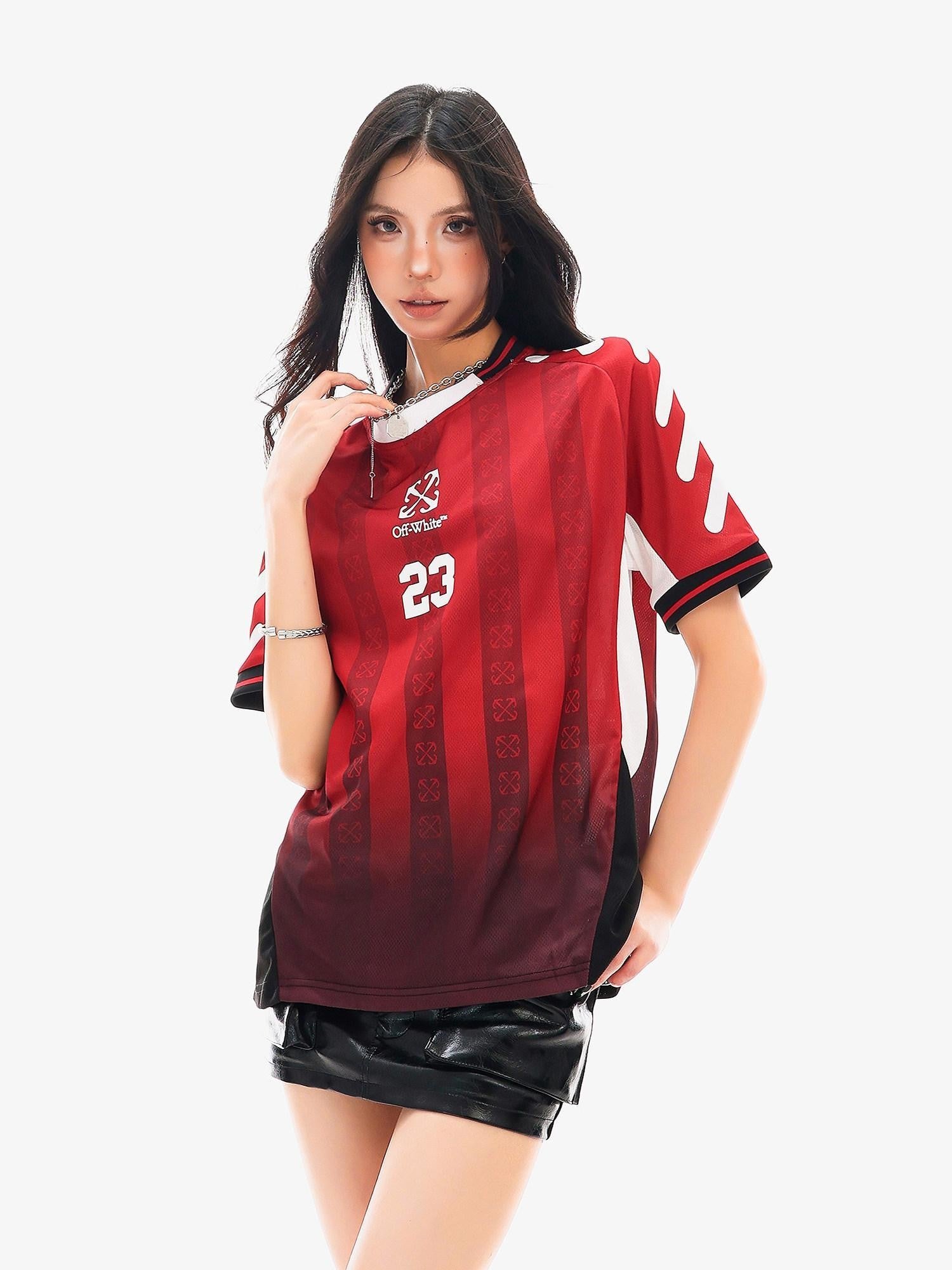 QIUQIU STUDIO Red Blue Colorblock Soccer Number Print Loose Women&