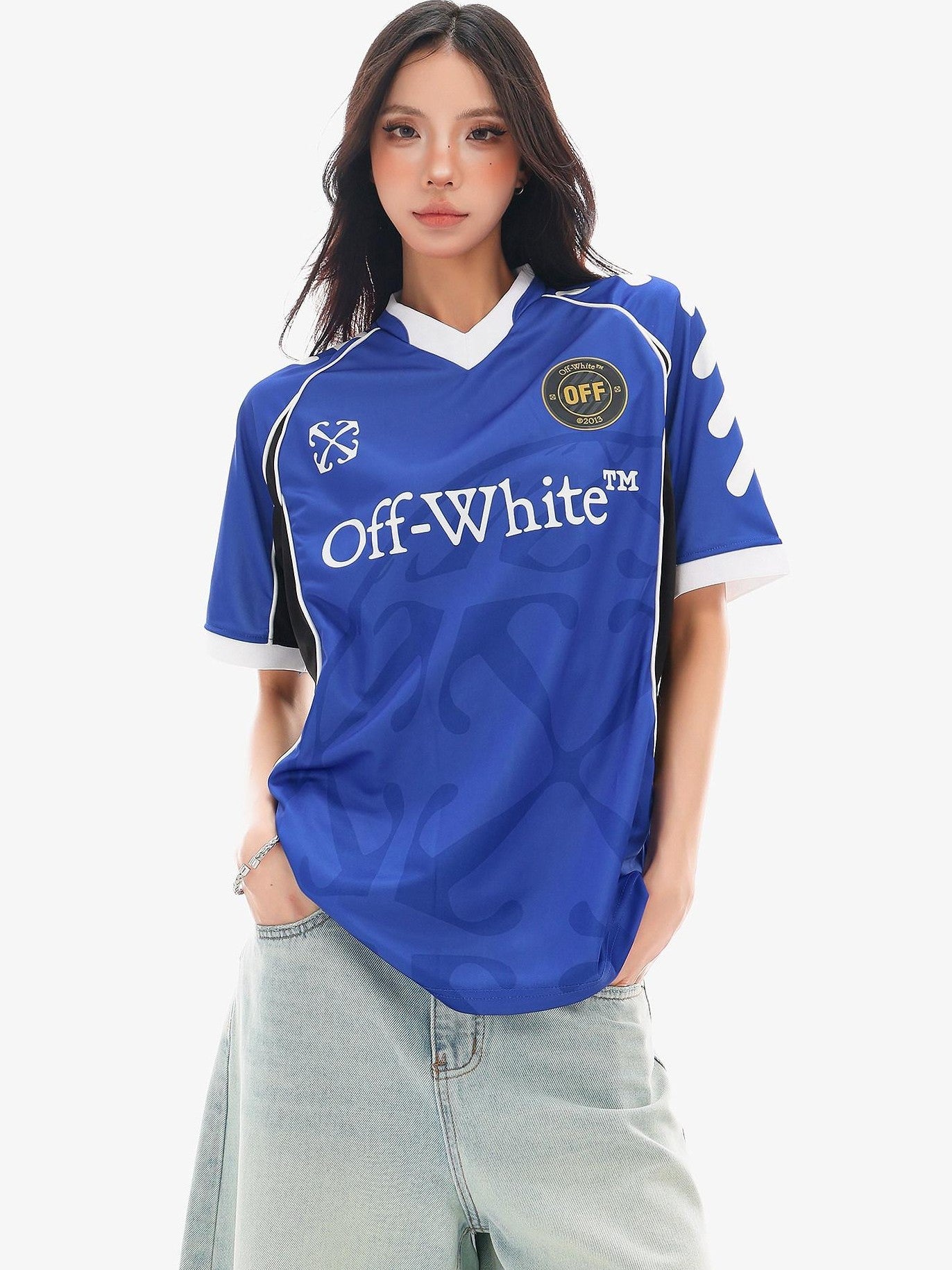 QIUQIU STUDIO Red Blue Colorblock Soccer Number Print Loose Women&