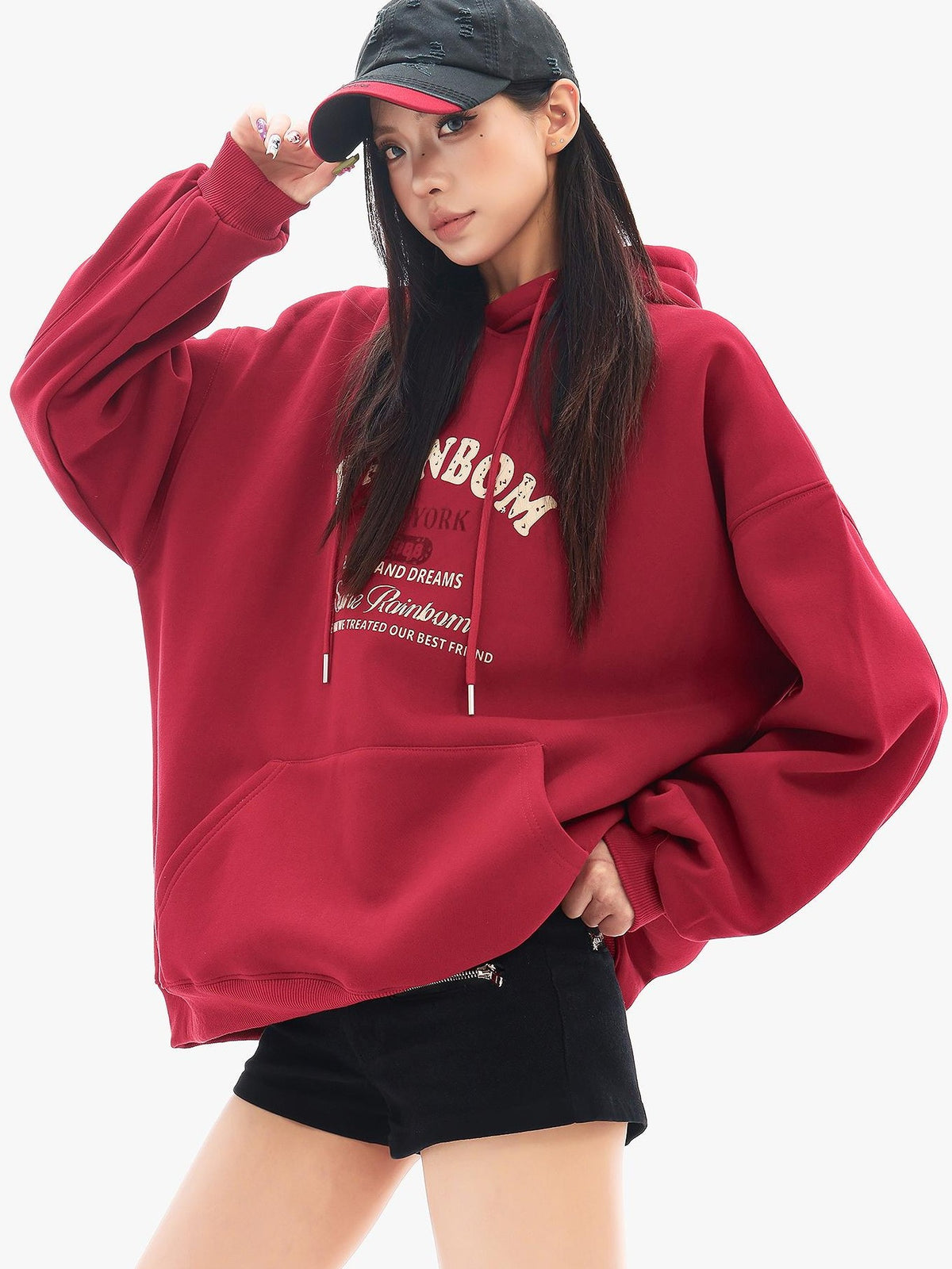 QIUQIU STUDIO Red Letter Print Loose Fit Thick Fleece Hooded Women&
