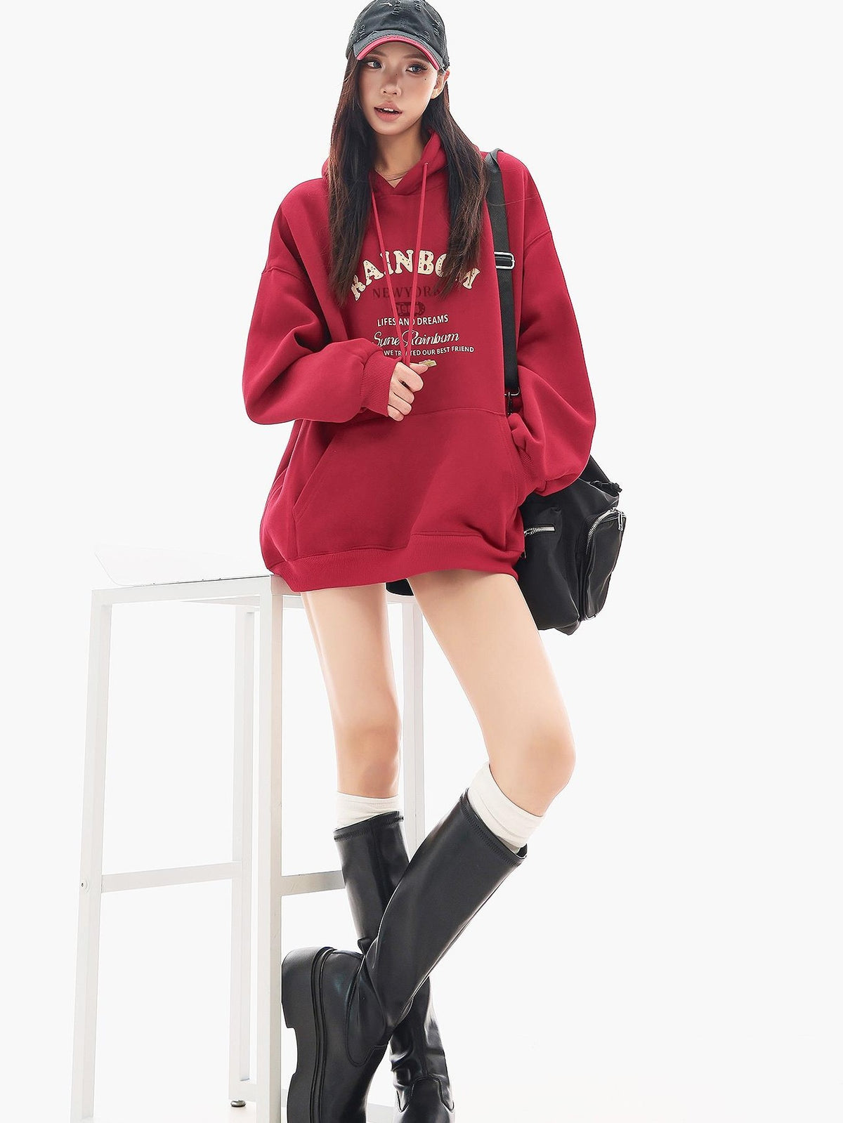 QIUQIU STUDIO Red Letter Print Loose Fit Thick Fleece Hooded Women&