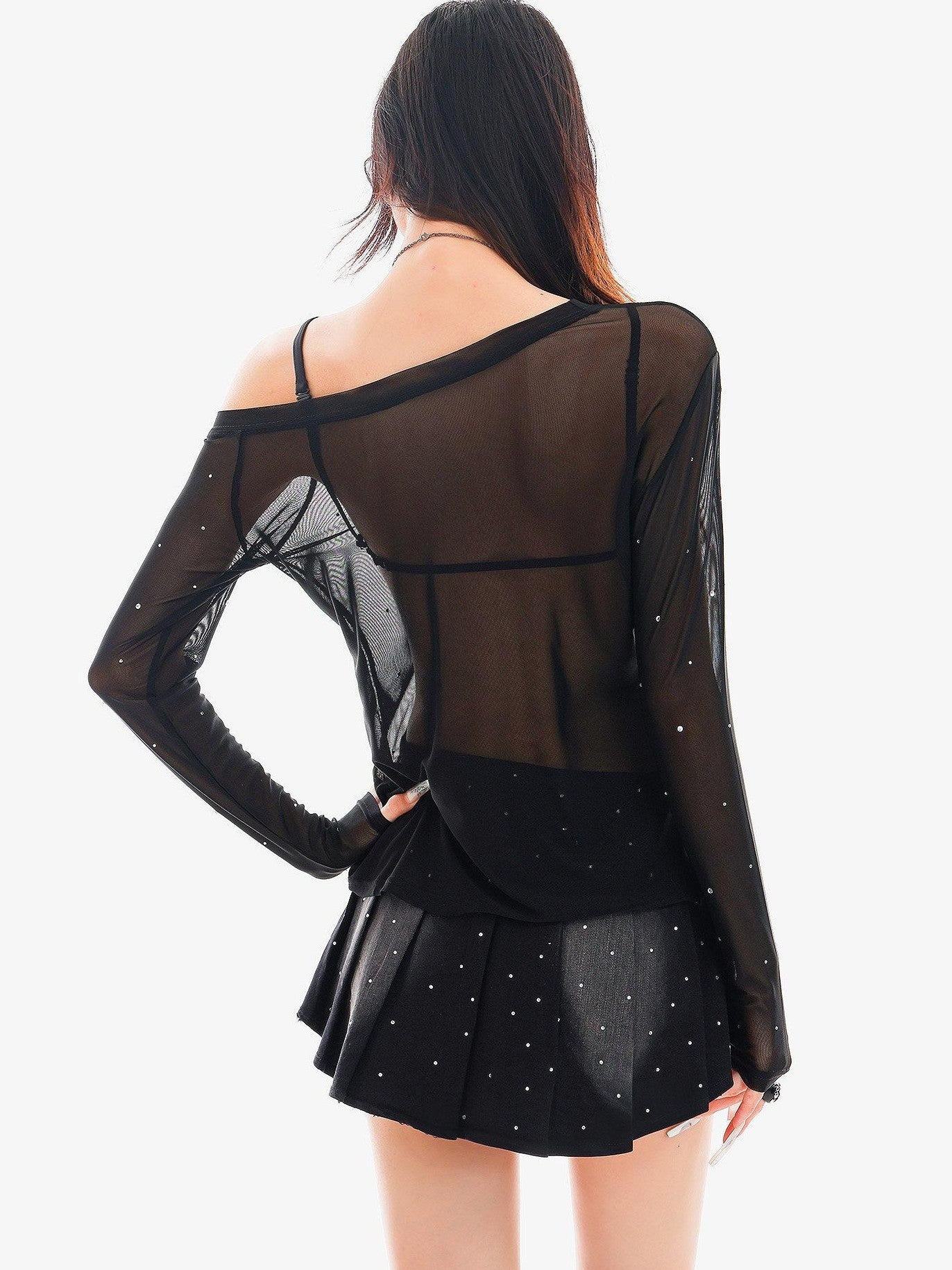 QIUQIU STUDIO Rhinestone Letter Sheer Mesh One Shoulder Women&