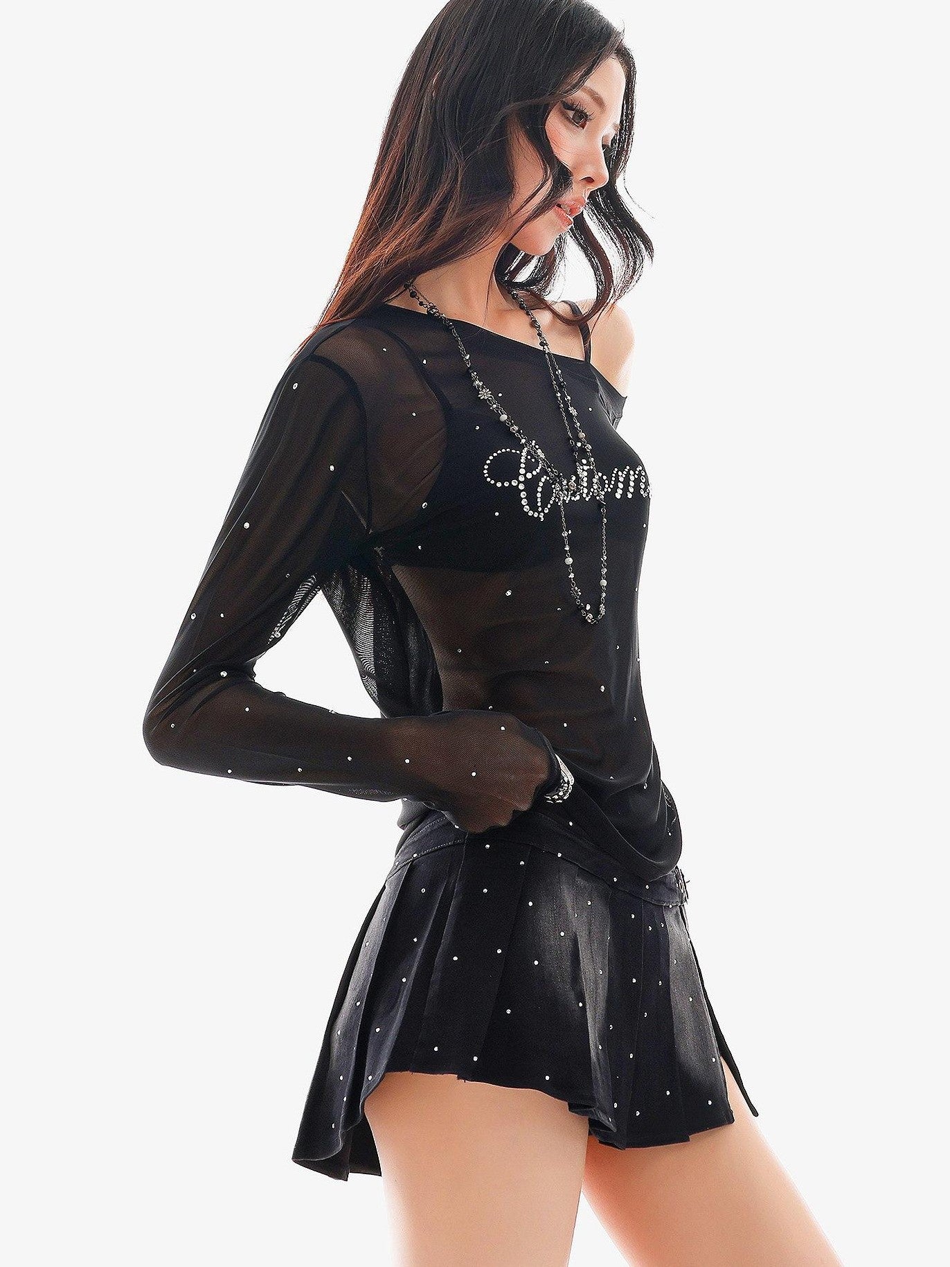 QIUQIU STUDIO Rhinestone Letter Sheer Mesh One Shoulder Women&