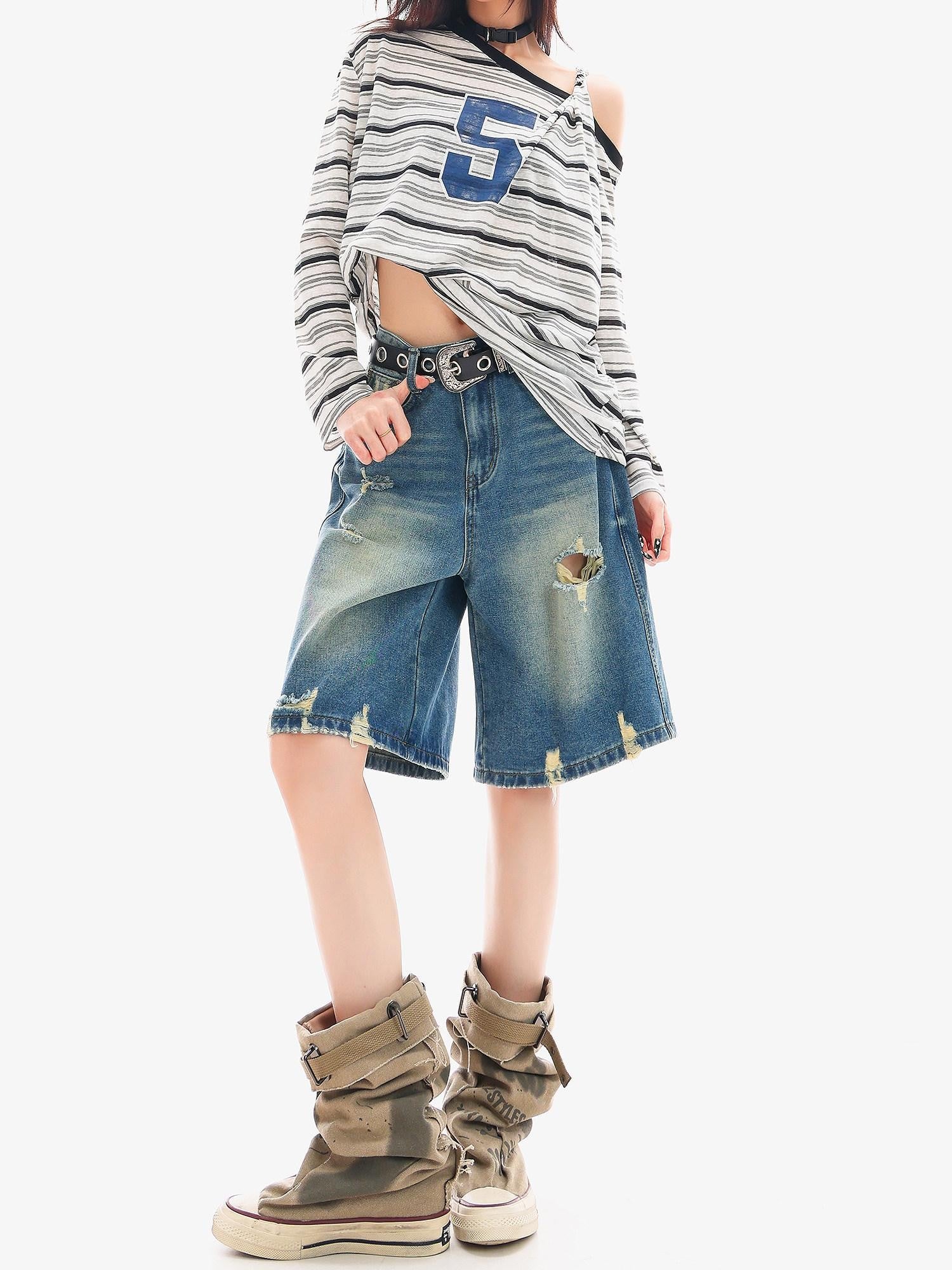 QIUQIU STUDIO Ripped Fringe Ombre Distressed Wide Leg Women&