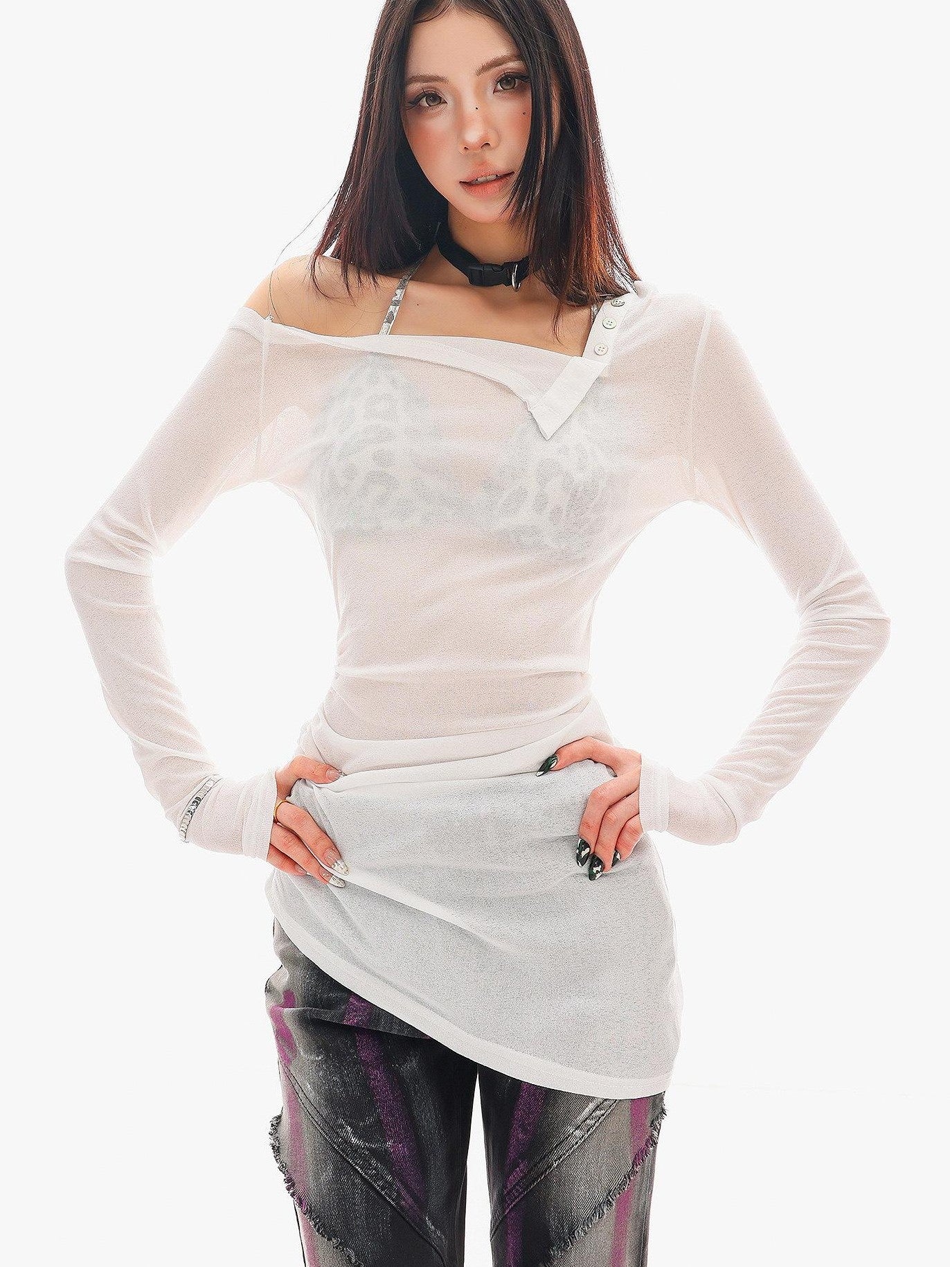 QIUQIU STUDIO Sheer Contrast Asymmetric Halter Women&