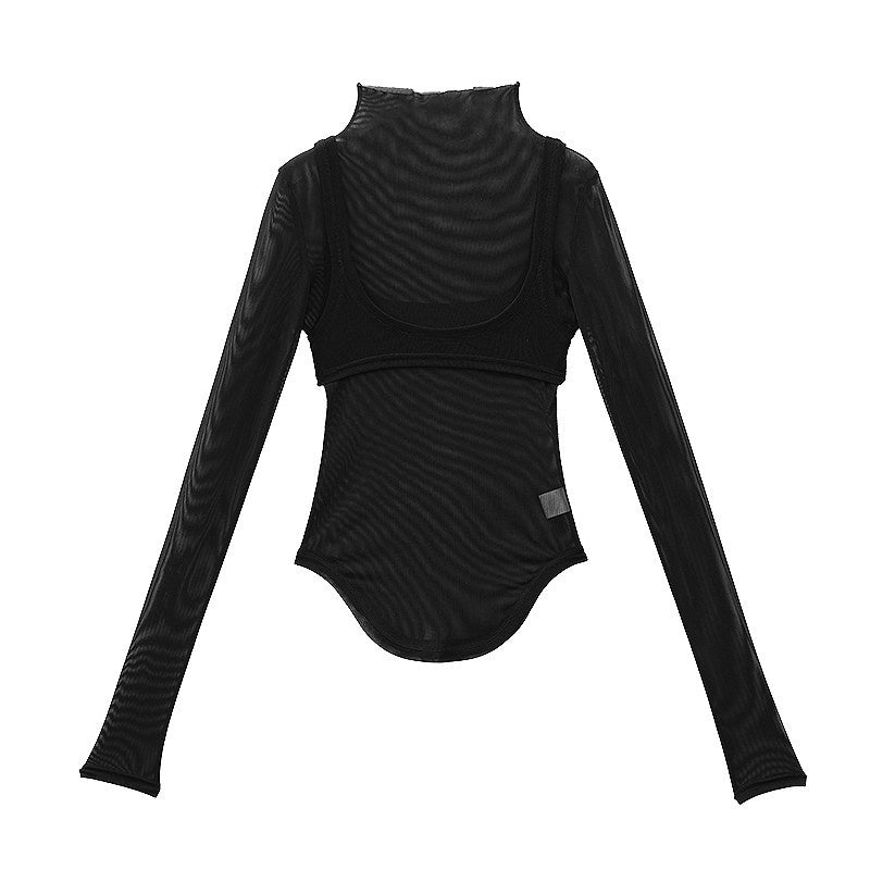 QIUQIU_STUDIO_Sheer_Faux_Layered_Mock_Neck_Spliced_Slim_Fit_Women&